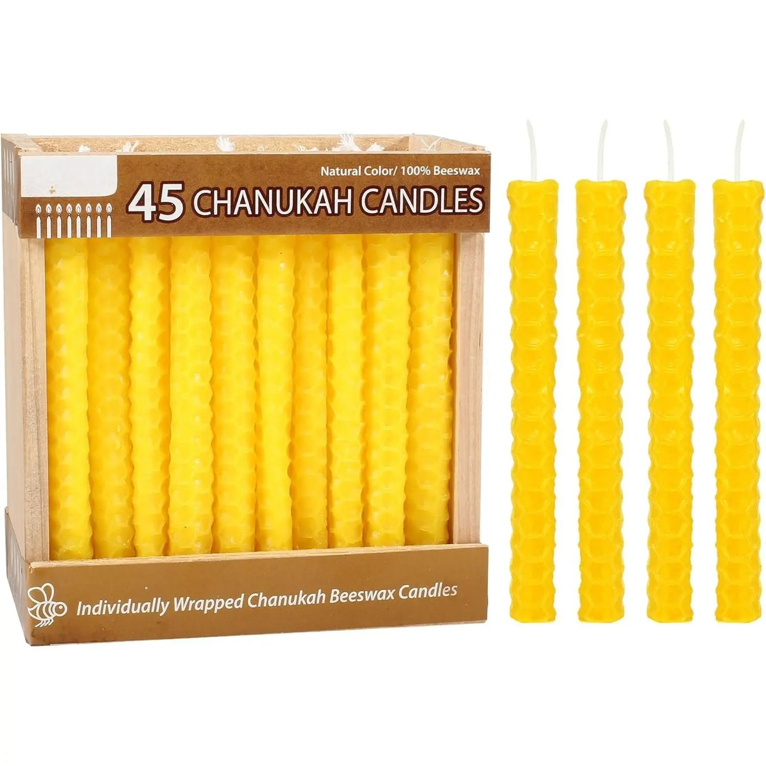 Beeswax Hanukkah Candles Set In A Wooden Crate  Design Chanukkah Celebration Candles Honey Scented Aroma Candle Set of 45 Yellow bees Wax Chanukah Candle Set Holiday