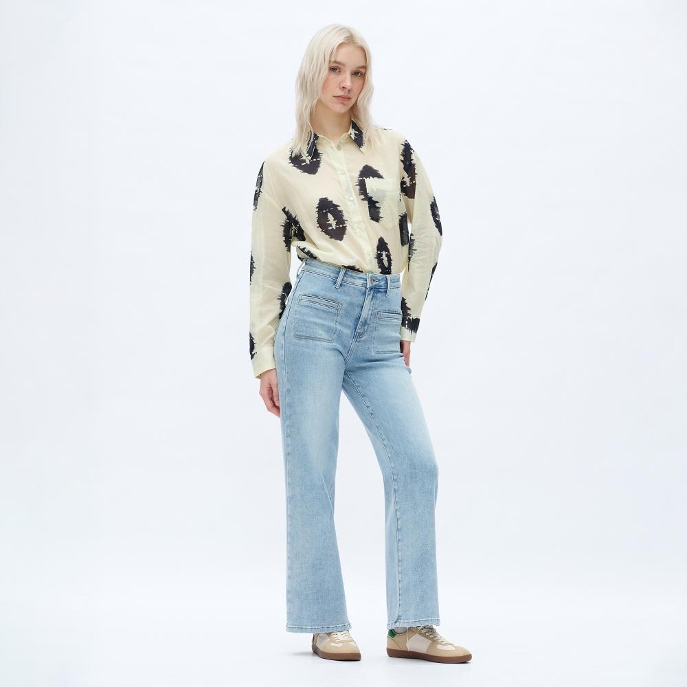 Women’s Retro Medium Wash High-Waisted Wide-Leg Jeans, Straight Fit Denim Trousers with Patch Pockets, Casual All-Season Streetwear m&m