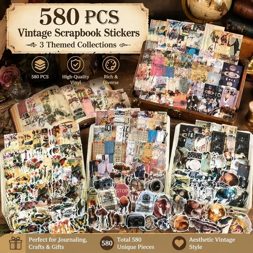 580 PCS Vintage Scrapbook Paper Stickers, 3 Retro-Themed Unique Sets, Waterproof Vinyl Ephemera Pack, Aesthetic Scrapbook Supplies for DIY Lovers, Planner Card Making