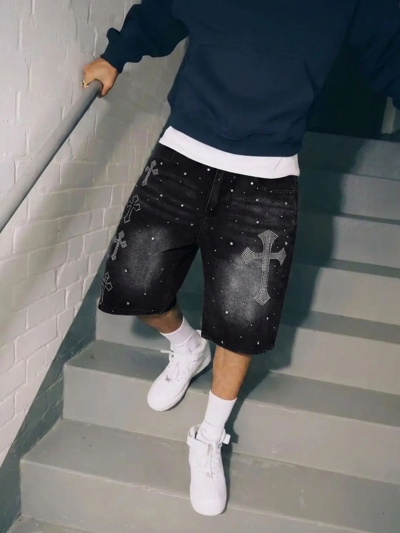 American Men's Five-Pocket Jeans, Rhinestone Cross Design, Exclusive Y2K Street Style, Trendy Denim Jeans for Casual Wear