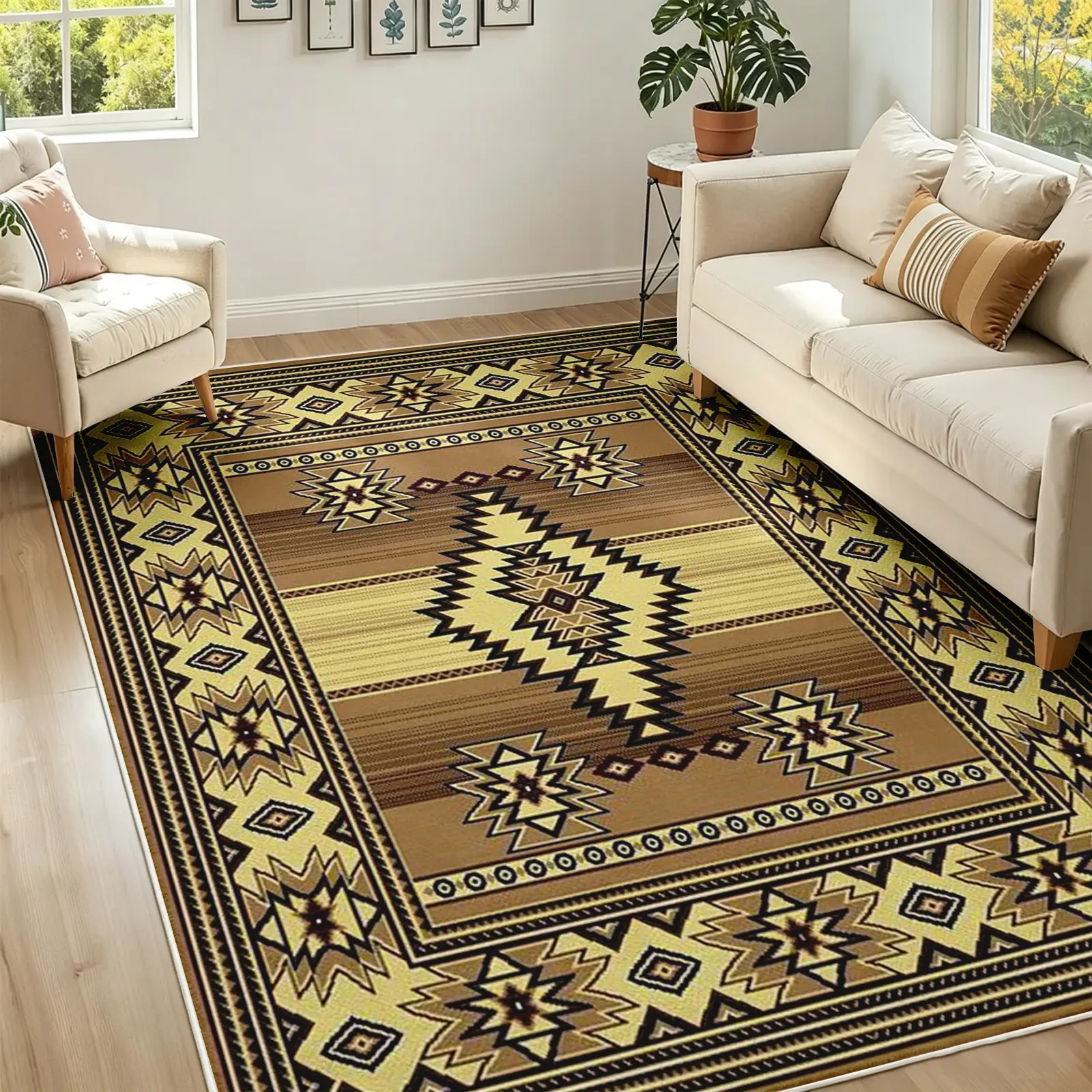 [Moving Season]Southwestern Geometric Area Rug, Mustard Yellow and Brown Tribal Carpet, Soft Plush Faux Cashmere, Non Slip Washable Floor Cover for Living Room, Dining Room, Bedroom, Office, Rustic Home Decor, Room Decor (Various Sizes)