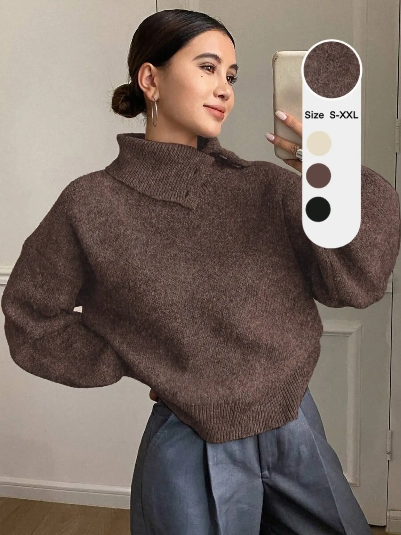 Meadow Casual Knit Sweater Women Fall Winter New Unique Design Soft Long Sleeve Collar Scarf Top, Vintage Button Collar Loose Fit Knitwear