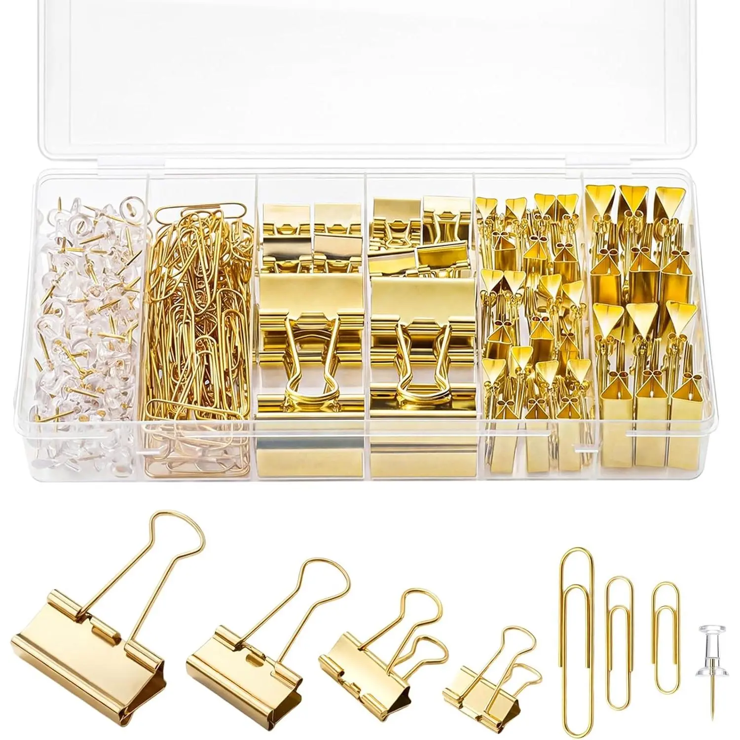 Boxed Multi-Size Synthetic Paper Clips and Binder Clips Set Pack, 279-Count Organized Office Fasteners with Storage Box