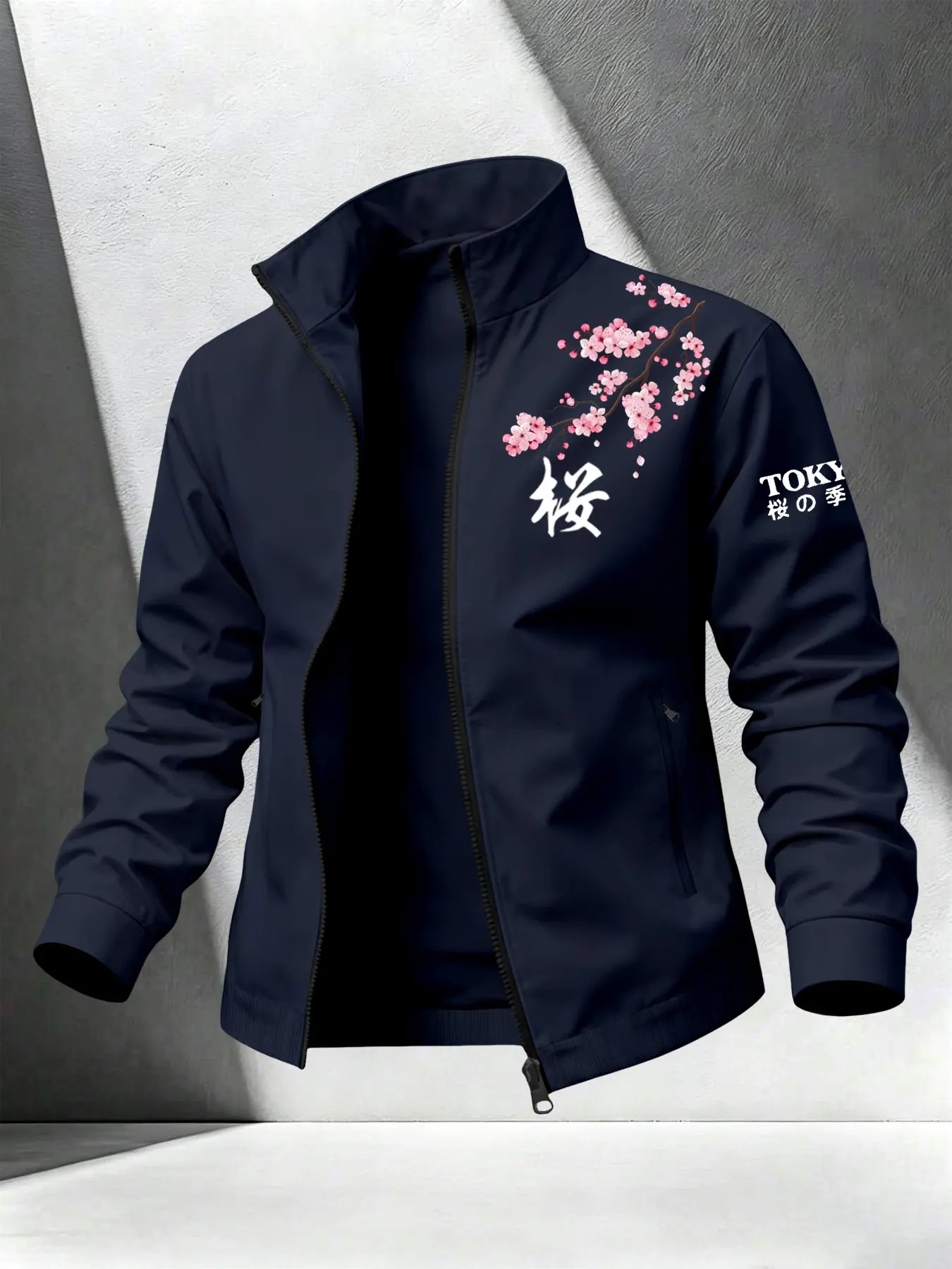 American-Japanese Fusion Cherry Blossom Print Lapel Jacket, Dual Zip Pockets, Tokyo Fashion Casual Outerwear, Street Style Long Sleeve Top