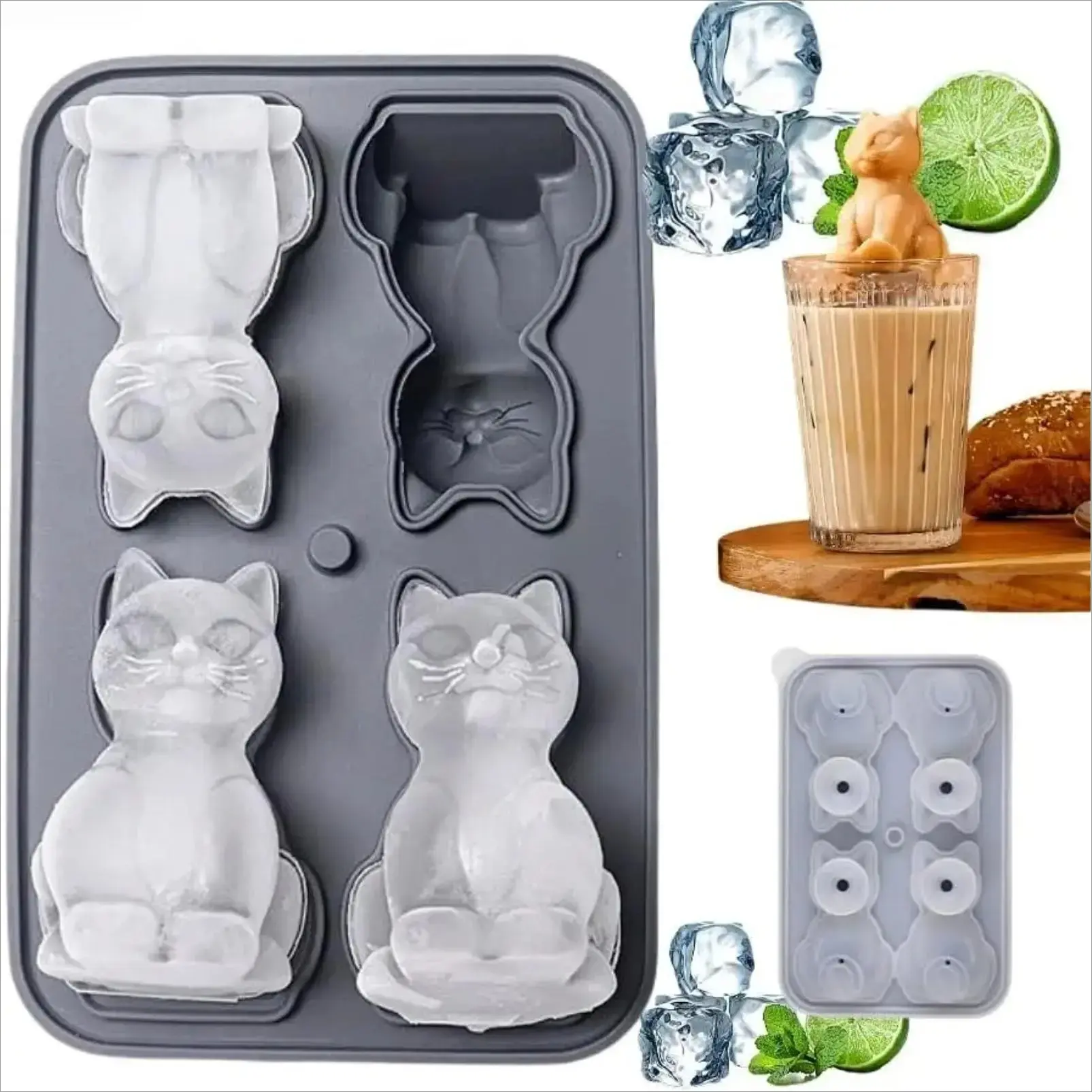 Cat Silicone Ice Cube Tray with Lid, Cute Large 3D Cat Shape Ice Mold for Whiskey, Cocktails, Coffee & Summer Drinks, Reusable Easy Release Freezer Mold, Fun Kitchen Gadget Gift for Cat Lovers, Home Bar and Parties