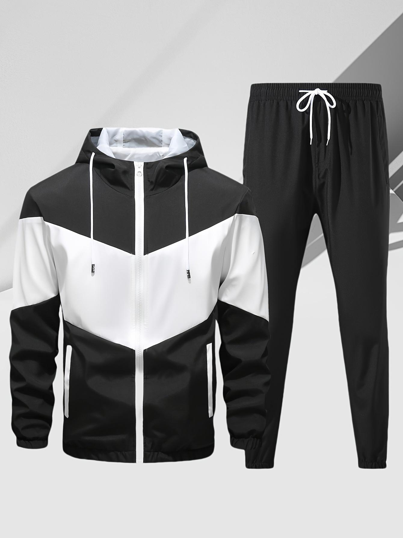 Men's casual two-piece set, stylish contrasting zipper hooded jacket, breathable solid color drawstring pants
