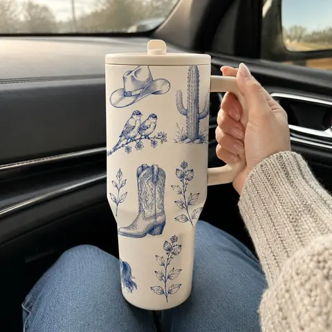 1PC 40oz Western-Themed Stainless Steel Tumbler with Handle and Lid, Double-Wall Vacuum-Insulated Travel Cup with Cowboy Boot, Cactus, and Floral Design, Cup-Holder-Friendly for School and Daily Use, Halloween or Christmas Gift, Double Walled Insulated