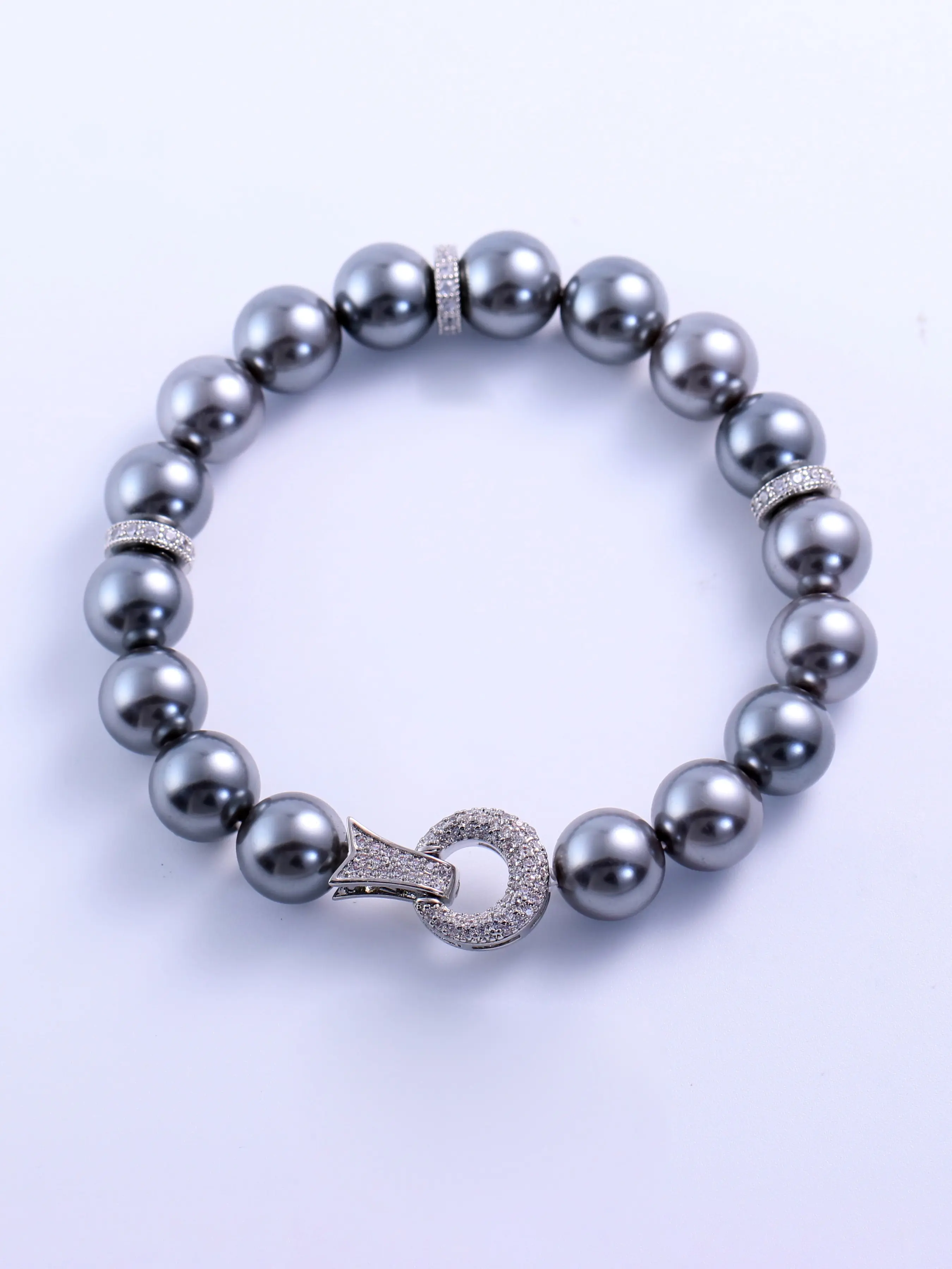 Minimalist Luxury Gunmetal Freshwater Imitation Pearl Bracelet, Round Shell Beads with Rhinestones, Magnetic Clasp, Elegant Accessory