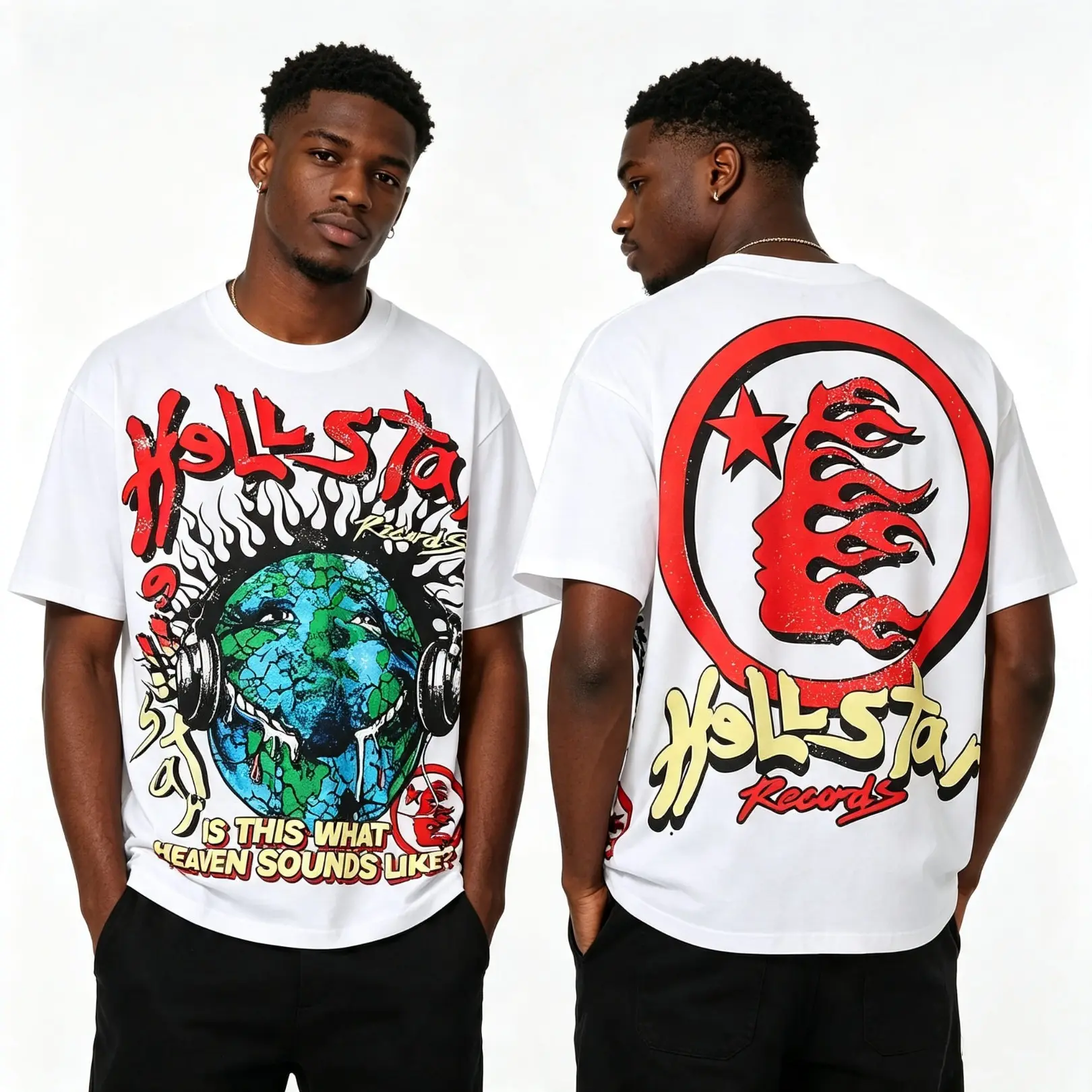 HELLSTAR Records Graphic Tee Oversized White T Shirt Cracked Earth Vintage Distressed Double Sided Print Short Sleeve Gothic Streetwear Y2K Hip Hop Unisex