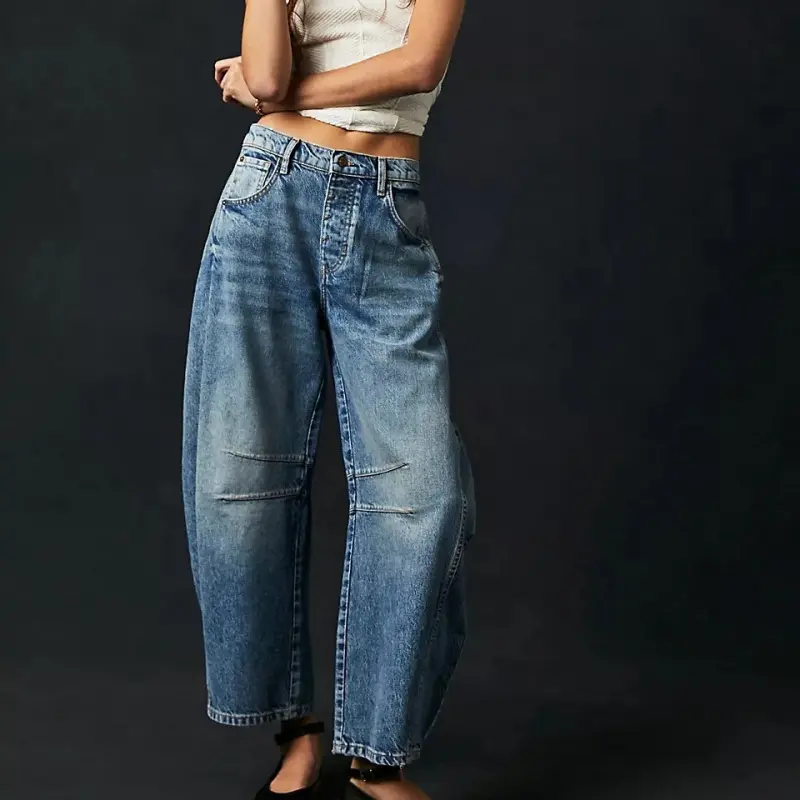 Fashionable casual women's loose wide-leg pants, mid-low waist washed denim trousers
