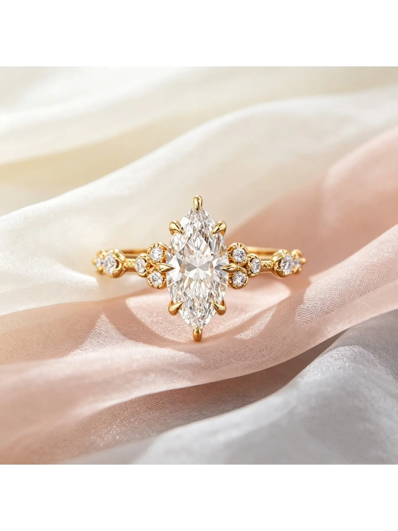 Six-prong Marquise Crystal Ring with Scattered Side Round Diamonds Women Halo Ring, Marquise Cut Ring, Classic Engagement Ring, Glitter Party Ring, Christmas Presents and Year-end Evening Outfits