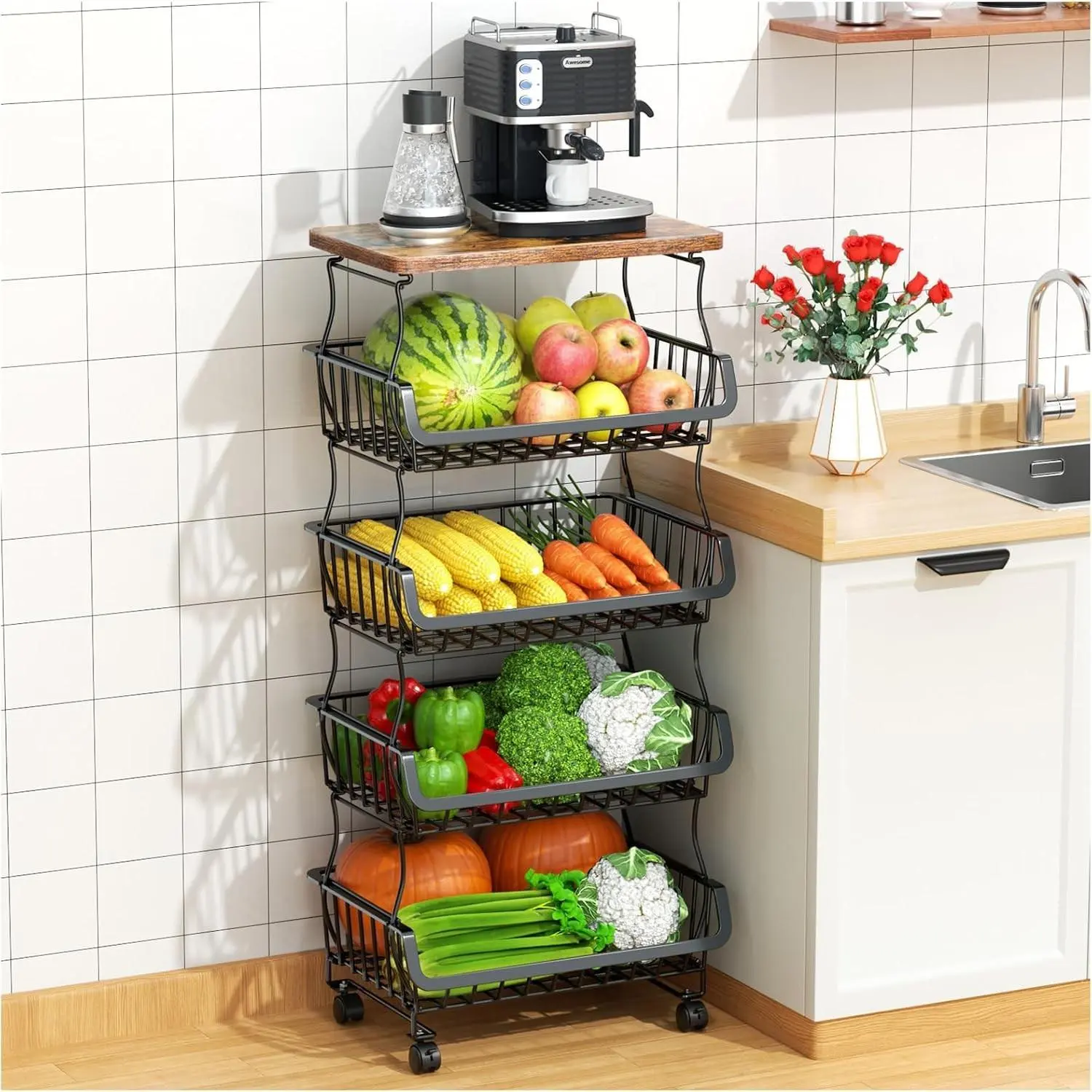 5 Tier Fruit and Vegetable Basket for Kitchen with Wheels | Stackable Fruit Vegetable Storage Baskets with Wood Top, Metal Wire Storage Cart for Kitchen, Pantry