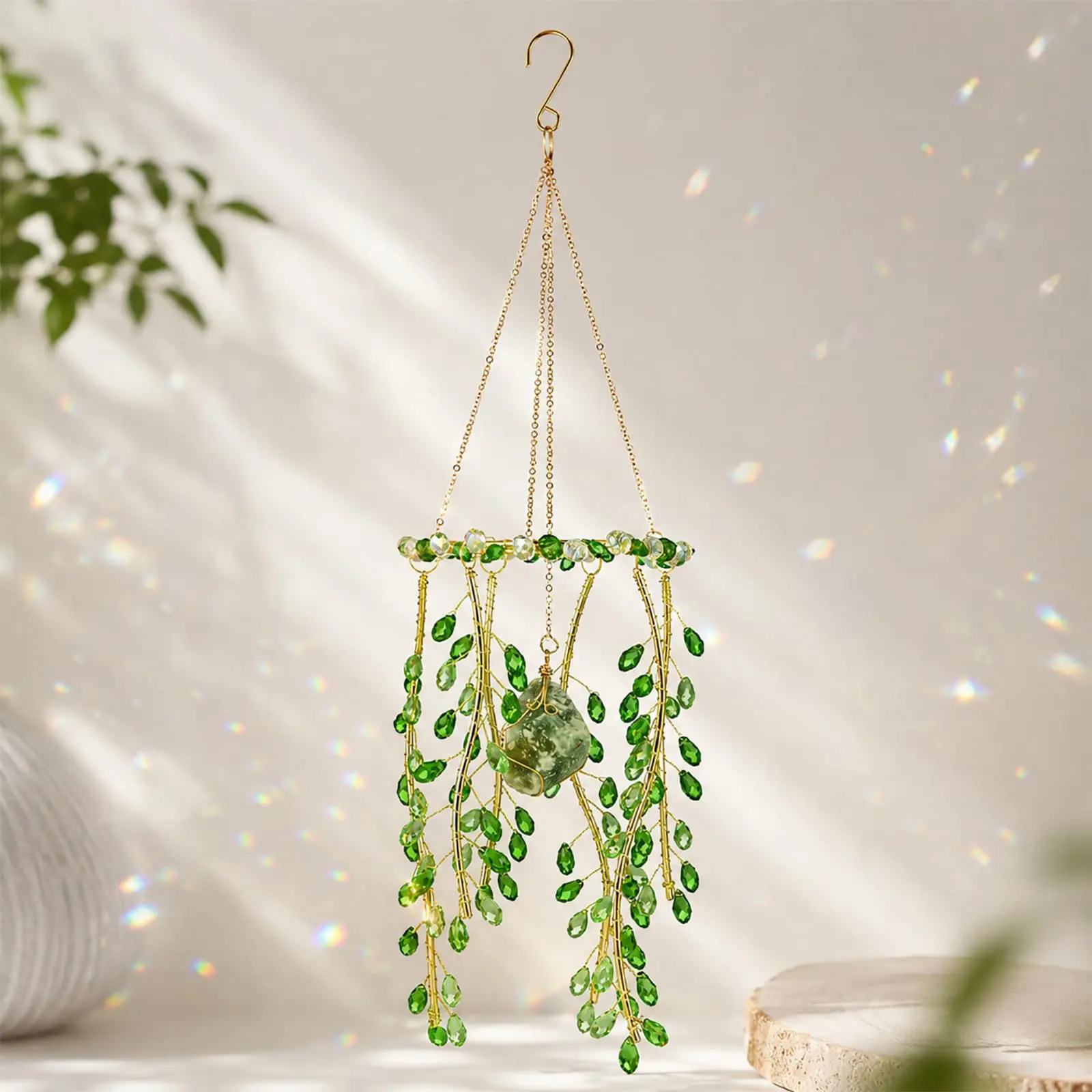 DIY Floral Hanging Decor, Handmade Crystal Sun Catcher with Natural Moss Stone, Boho Window Hanging Ornament, Rainbow Light Catcher for Home Room Decor