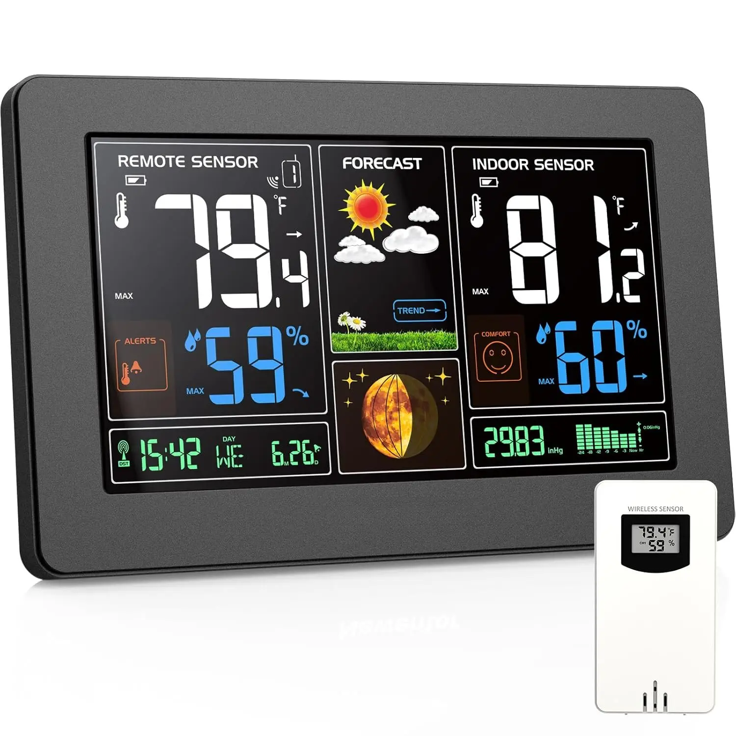 Weather Station  Indoor Outdoor Thermometer, Color Display Digital Weather Thermometer with Atomic Clock, Barometric , Forecast Station with Adjustable Backlight, Black