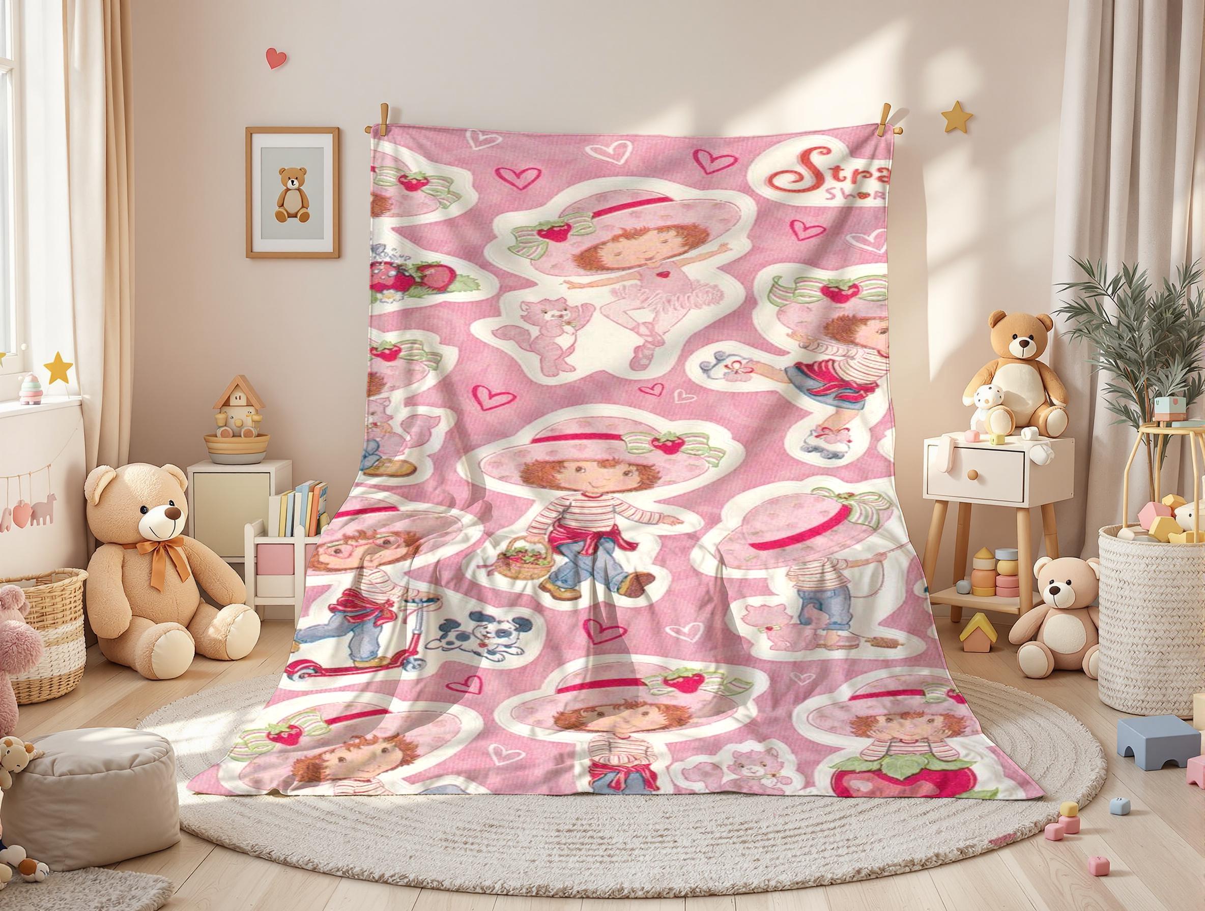 Strawberry Shortcake Cute Character Collage Fleece Blanket – Retro Pink Strawberry Themed Plush Throw, Perfect for Nostalgic Cartoon Fans, Ideal for Kids Bedroom