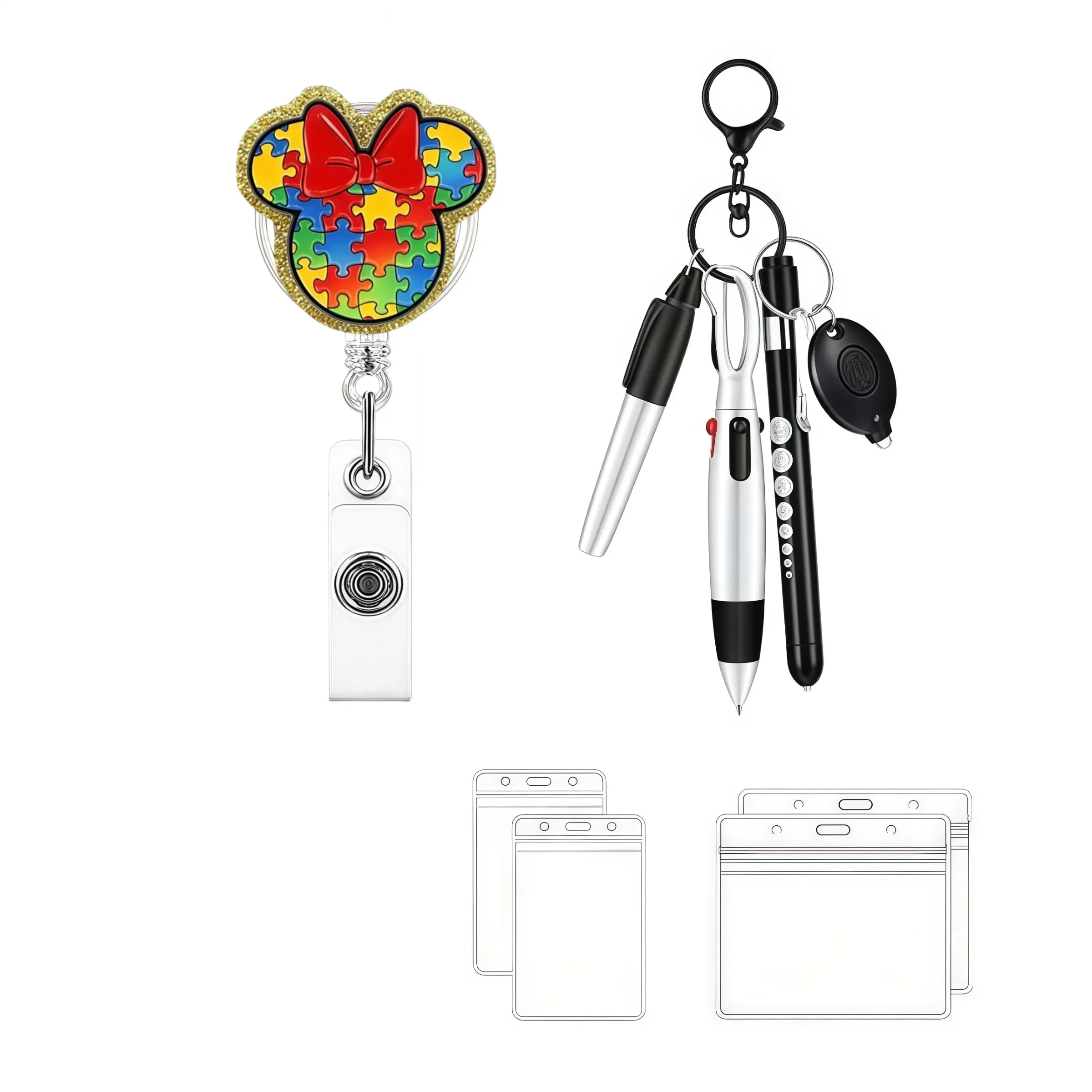 Colorful Mouse Bow Tie Badge Scroll Set with Keychain Pen and ID Card Holder, Ideal for Nurses Teachers Medical Staff