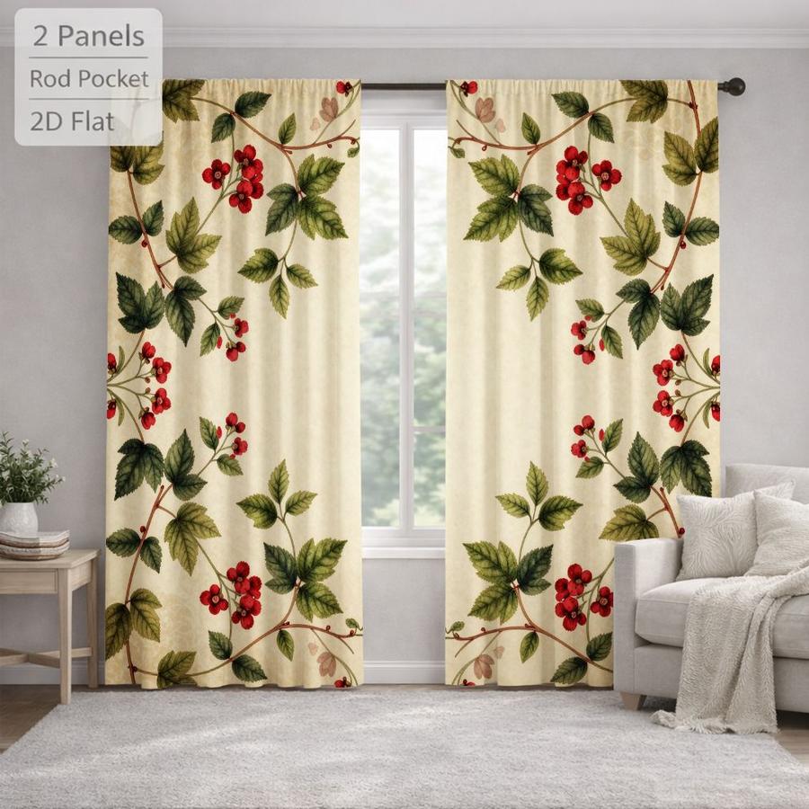 2Pcs Vintage Botanical Berry Leaf Pattern Sun Blocking Curtains Digital Printed Rod Pocket for Bedroom Office Kitchen Living Room Study Home Decor Multiple Sizes Soft Light Filter Easy Installation