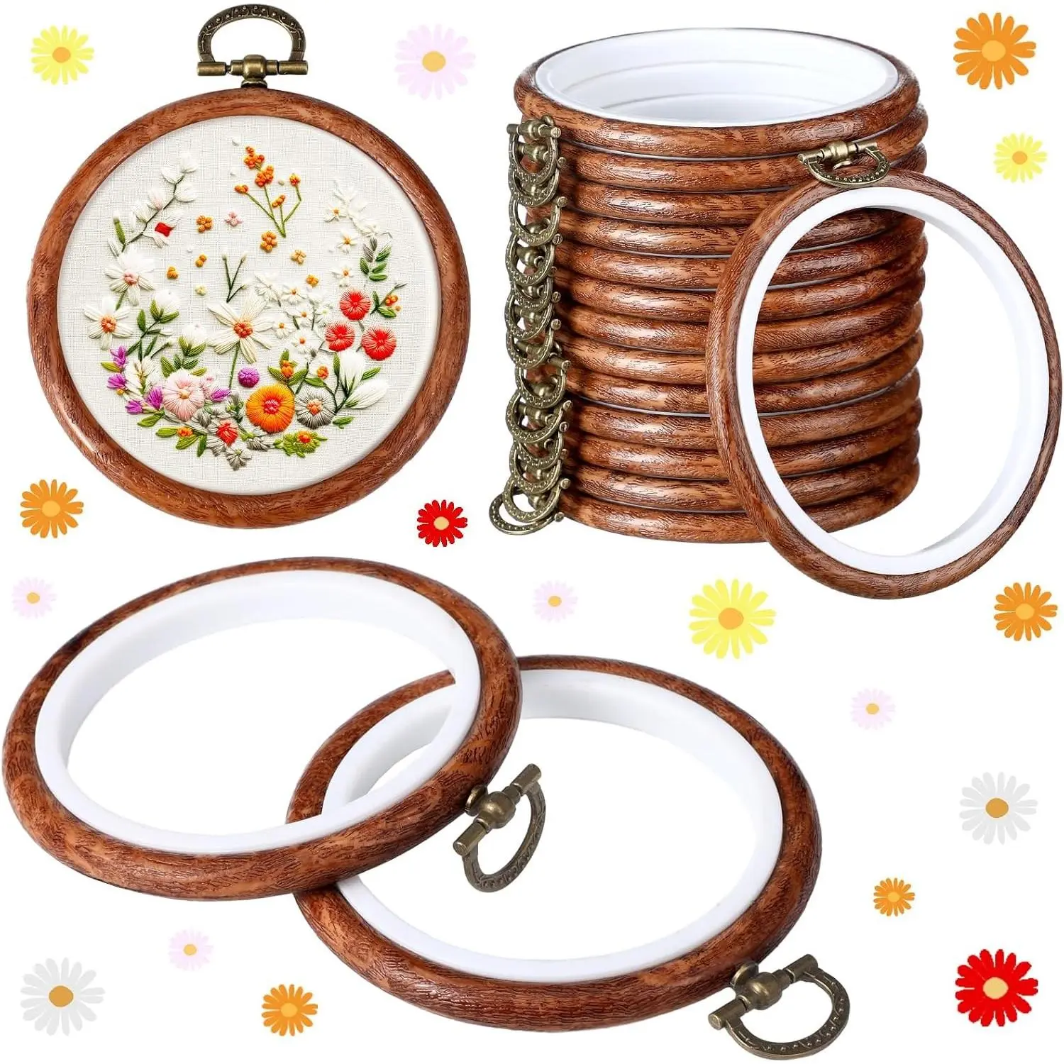 15 Pcs 6 Inch Round Embroidery Hoops Frame Circle Spring Rubber Hoops Ring Display Cross Stitch Ornament Imitated Wood Frame Kits for Spring Gifts Mother's Day Craft Sewing DIY Hanging Gifts