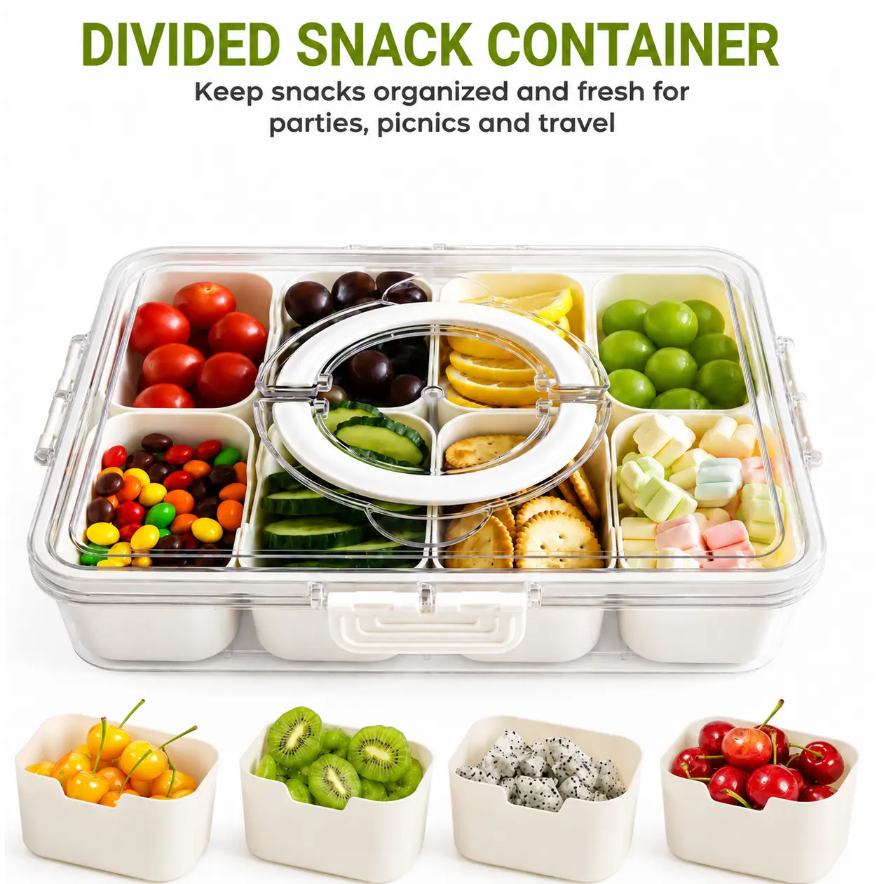 MIUVA Snackle Box Container  Clear 4/8 Compartment Divided Serving Tray with Lid and Handle Portable Snack Organizer for Fruit Vegetables Candy Nuts Parties Picnics and Travel