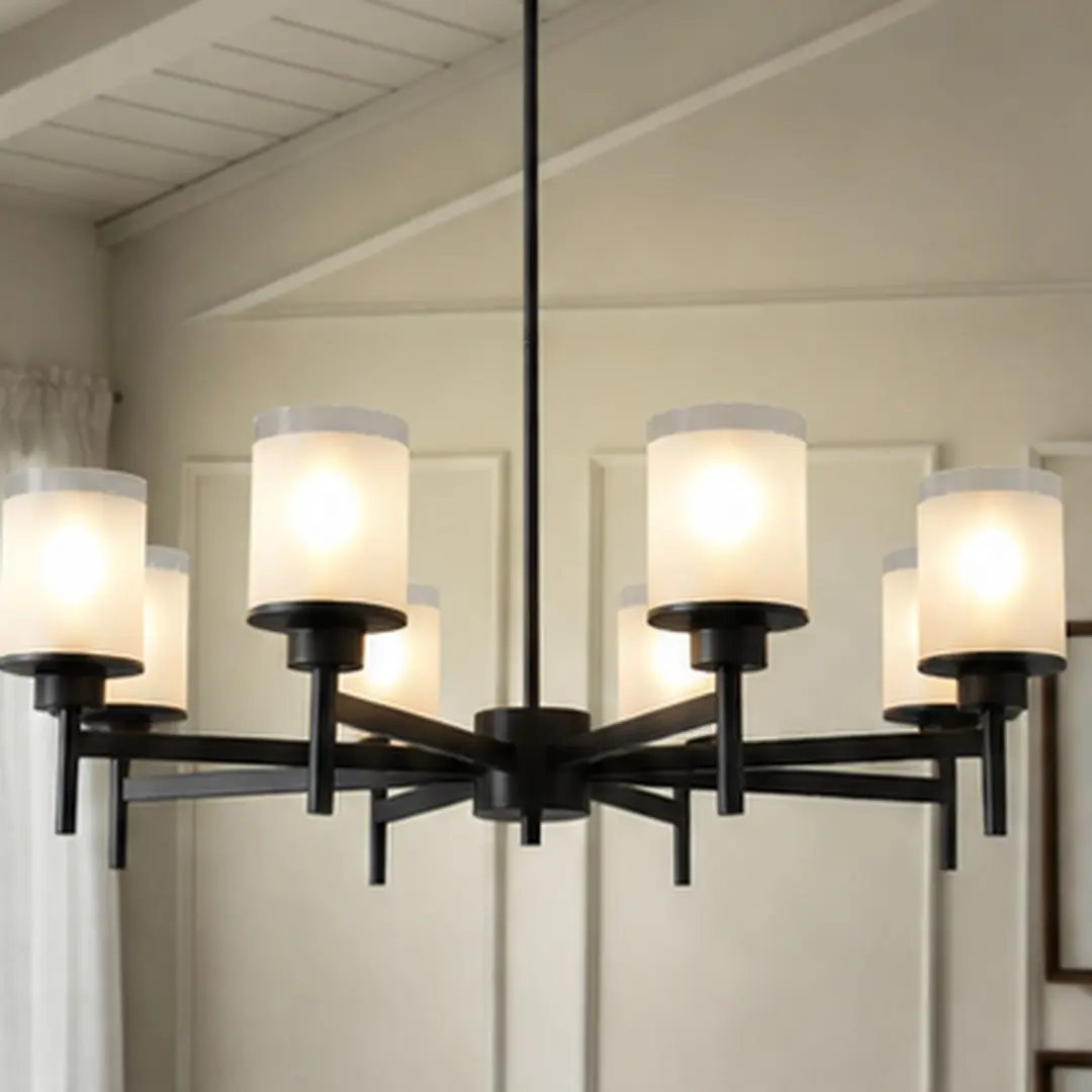 Matte Black ARCH 8-Light Farmhouse Chandelier, Frosted Glass Shades, Adjustable Height E26 Base, 37.2in Wide, 1000Lm–5000Lm, American Traditional-Contemporary Style, for Entryway High Ceiling Living Room, Bulbs Not Included, Modern Farmhouse, Kitchen Isla
