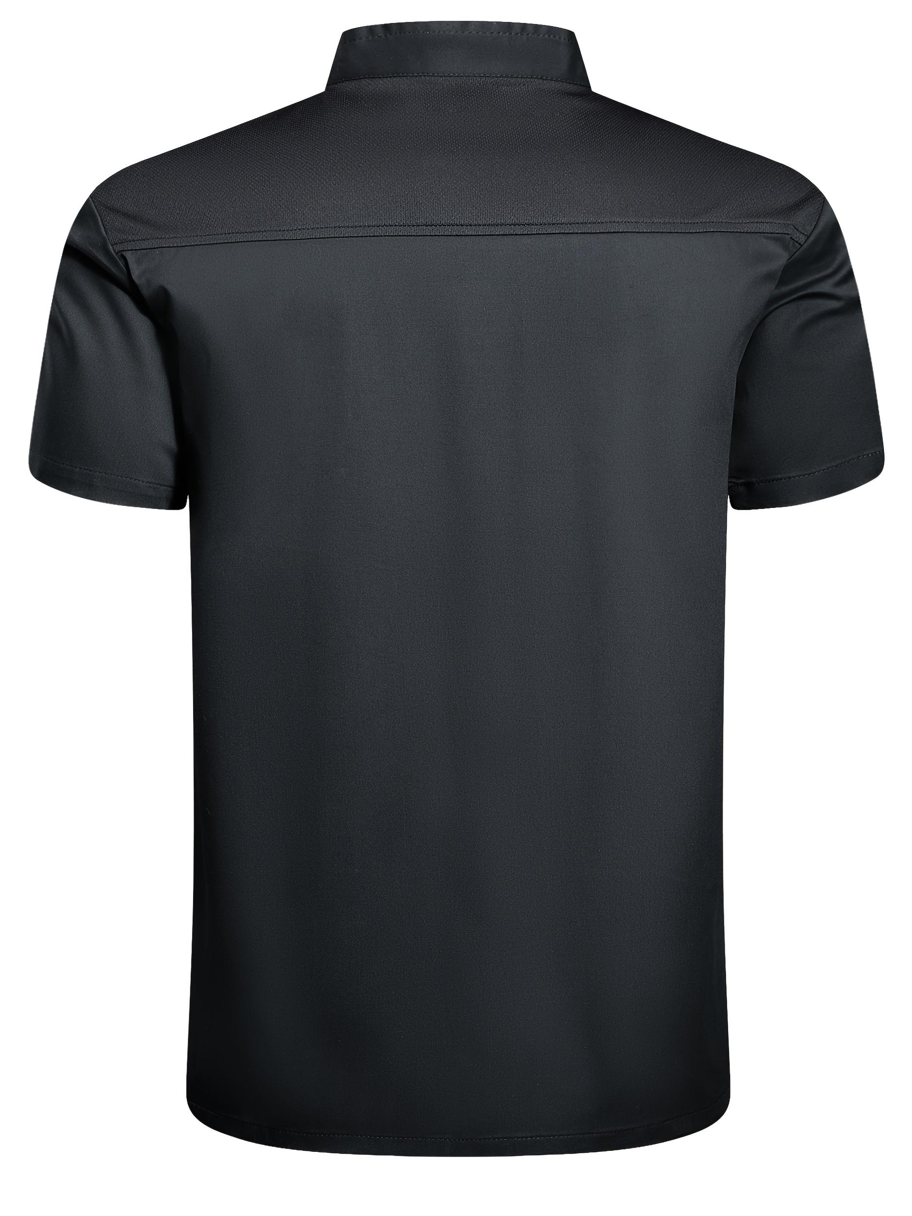 [Black Chef Uniform] Stylish Black Professional Chef Uniform - Short Sleeve Jacket with Pockets, Stand Collar, Polyester Fabric |     Ideal for Kitchen, Baking, and Restaurant Use, School Cafeteria Clothing, Machine Washable233