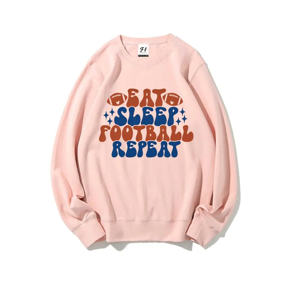 Men's Eat Sleep Football Repeat Crewneck Sweatshirt - Bubble Letters Graphic, Long Sleeve, Round Neck, Regular Fit Tops for Fall Game Day Casual Wear, Football Print, Machine Wash, Pure Cotton, Graphic Print, Text Pattern