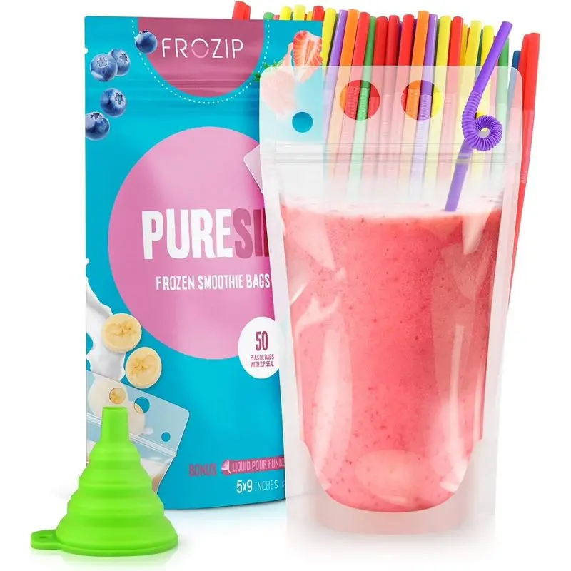50 Pack 16 oz Drink Pouches with Straws, Clear Resealable Beverage Bags with Funnel, Portable Stand Up Juice Pouches for Smoothies, Cocktails, Parties, BBQs, Picnics and Summer Events
