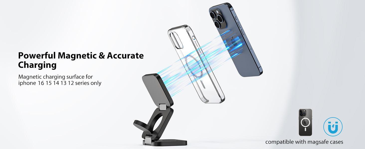 KUXIU X55 Foldable 3 in 1 Charging Station for Apple Devices, 15W Fast Magnetic Wireless Charger, Magent Travel Charger Stand for iPhone 16 15 14 13 12 Series, 5W for Apple Watch (Power Adapter not included)