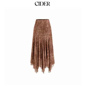Cider Mesh Mid Rise Aztec Asymmetrical Ruffle Hem Maxi Skirt