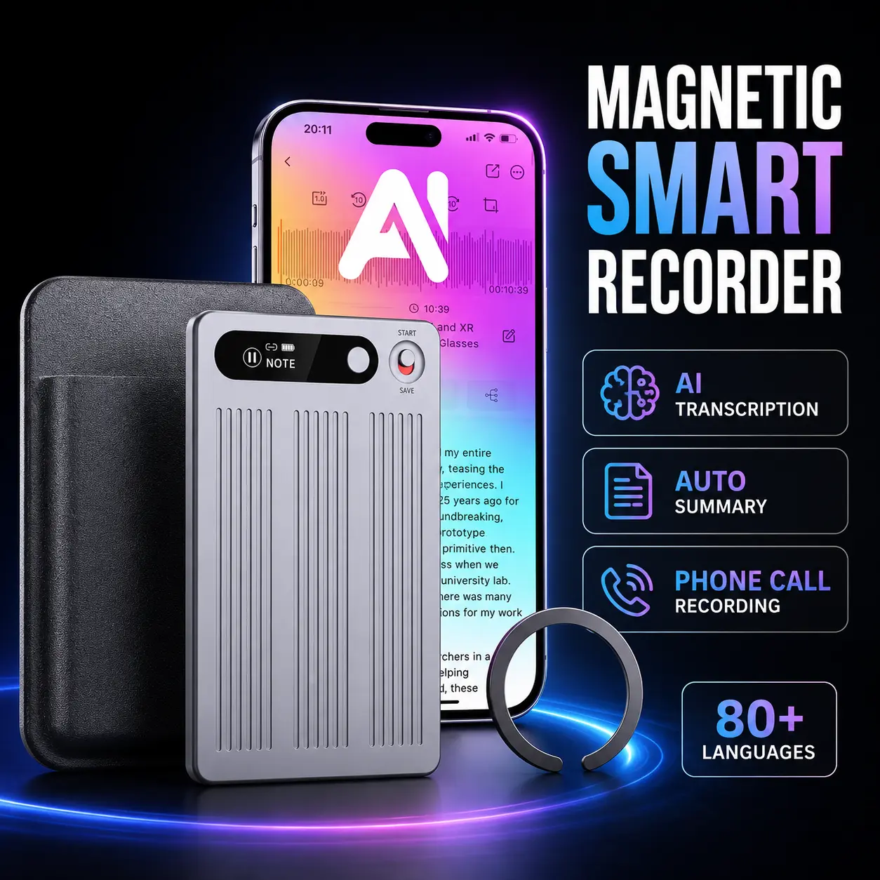 Smart Magnetic Recording Device with 64GB Storage and AI Assistant, Multilingual Voice Transcription, Automatic Notes and Summaries, App Control and Audio Playback for Meetings, Classes and Interviews