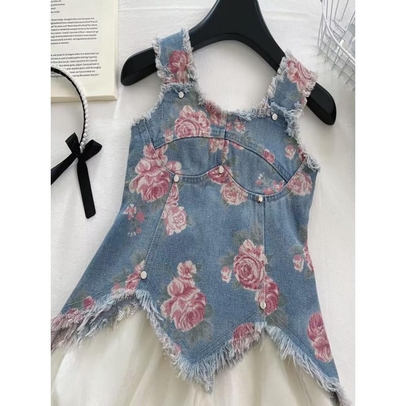 New(New)Summer French Sweet Style Sleeveless Denim Print Camisole + Solid Color Tulle Pants 3-7 Year Old Girls' Two-Piece Set with Irregular Hem + Frayed Edge Decoration