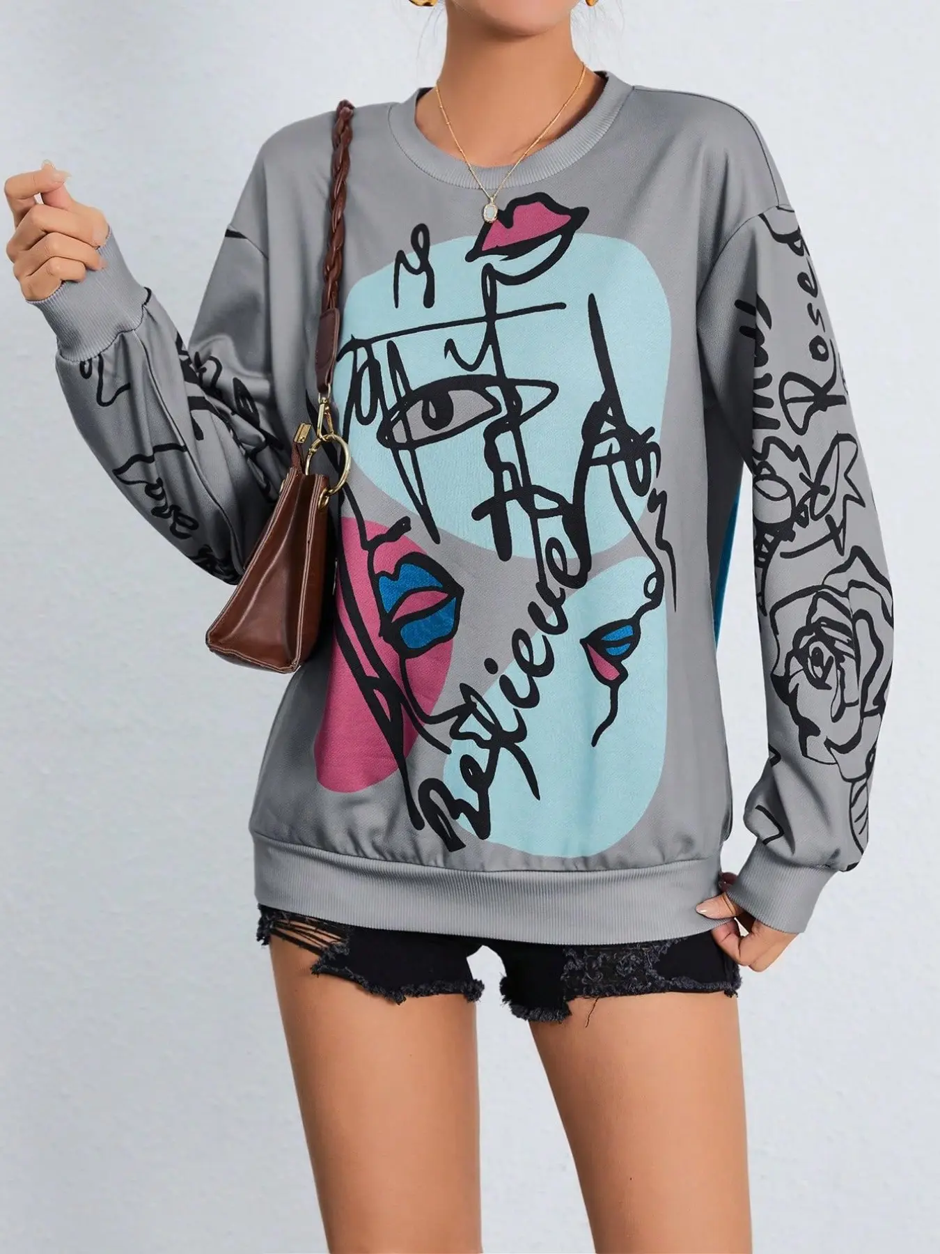 Abstract Face Line Rose Graffiti Sweatshirt, American Art Loose Fit Casual Top, Long Sleeve Round Neck, Fall & Winter Y2K Style