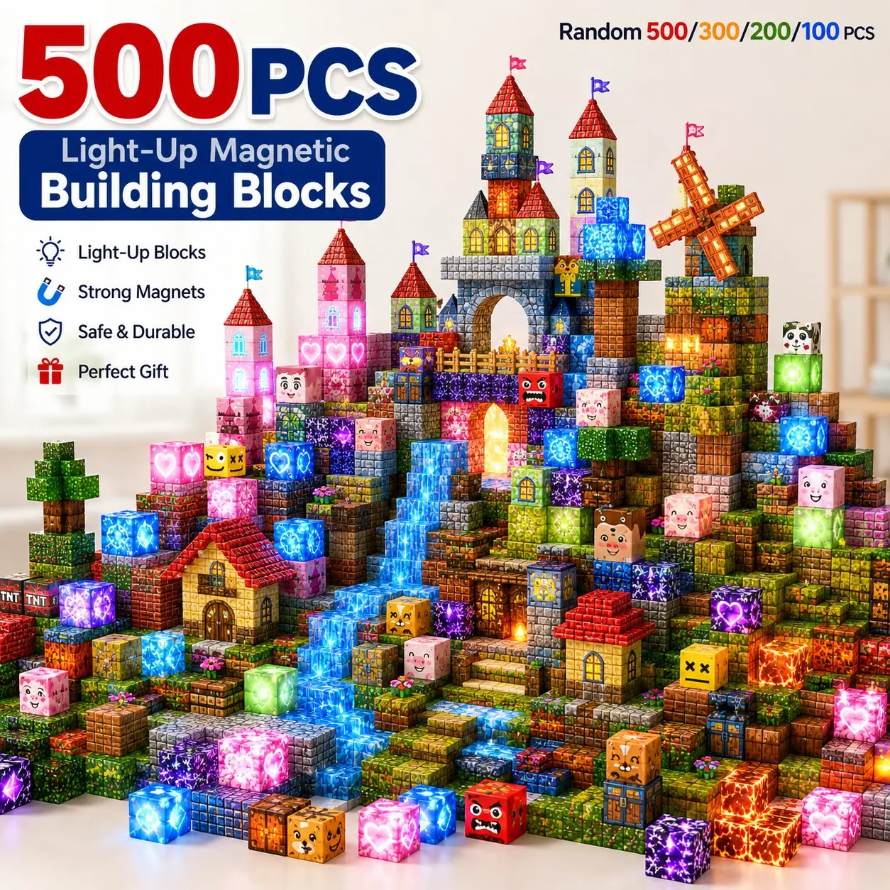 Light-Up Magnetic Blocks 100/200/300/500PCS, LED Magnetic Building Cubes, Random Pattern STEM Sensory Montessori Construction Toy, Creative Stacking & Open-Ended 3D Building Set for Kids Ages 3+, Gift for Boys & Girls