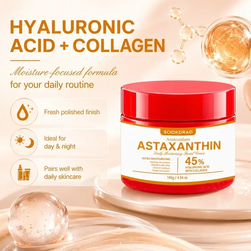 Astaxanthin Antioxidant Daily Moisturizing Facial Cream, 45% Hyaluronic Acid, Collagen, Ultra Moisturizing, Brightens Skin Tone, Stable Skin Barrier, All Skin Types, 140g/4.94oz