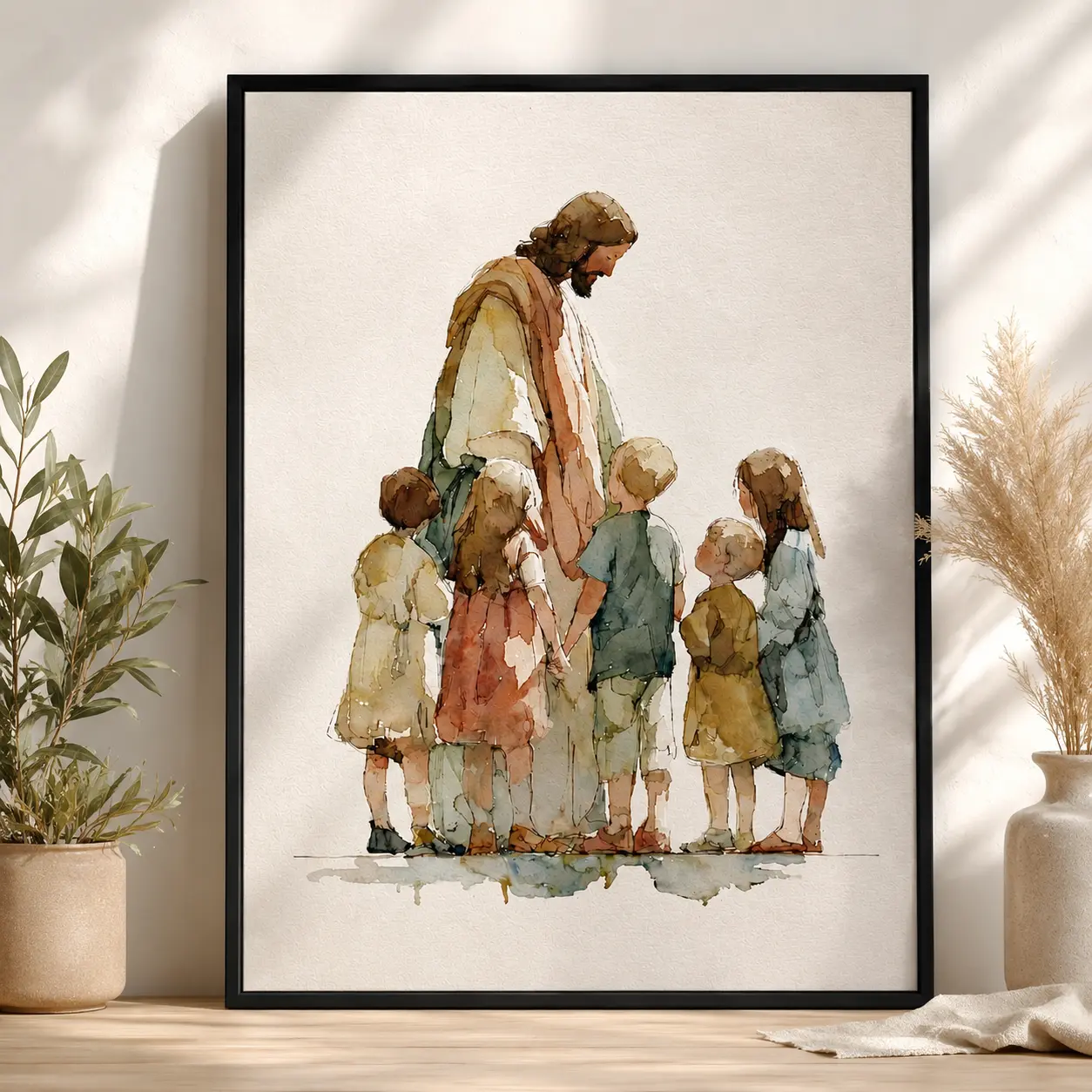 Jesus with Children Canvas Wall Art, Christian Nursery Decor, Bible Story Watercolor Print for Kids Room & Baby Nursery, Christian Gift, Christian Wall Art, Faith-Based Decor, Sunday School Decor, Nursery Wall Decor, Religious Gift, Bible Verse Decor