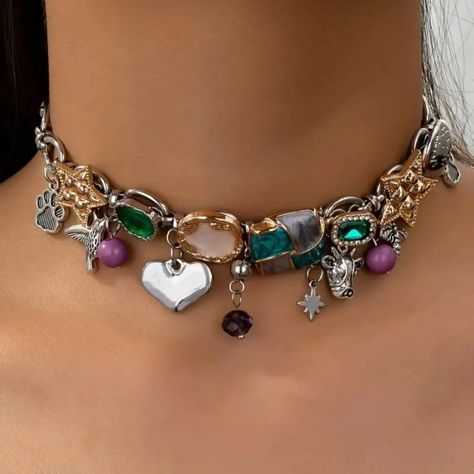 Women's Bohemian Statement Necklace, Gold‑Hardware Chain with Hand‑Painted Enamel Bull & Bee Pendants, Unique Alternative‑Fashion Talisman Jewelry, Eye‑Catching Ornament for Daily‑Outfit Styling