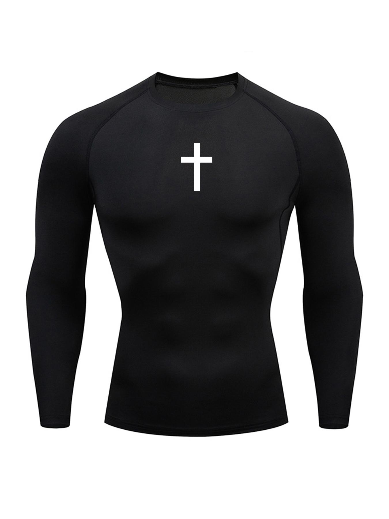 Men's Cross Print Round Neck Sports Tee, Tight Sporty Quick Drying Breathable Long Sleeve T-shirt, Men's Sportswear for Spring & Fall Gym Workout, Athletic Style High Performance Activewear