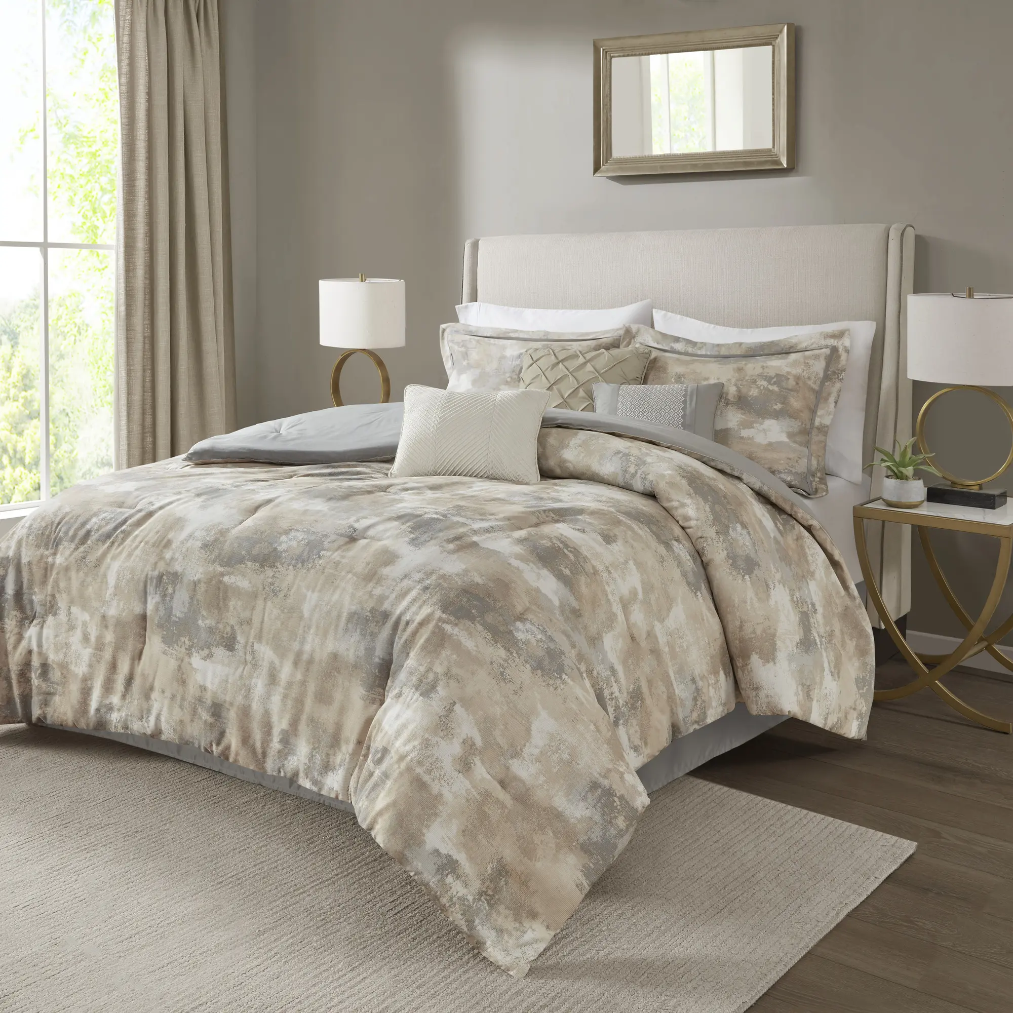 Nokaa 7 Piece Textured Cotton Blend Comforter Set Queen Size Bedding with Abstract Print, Hypoallergenic Polyester Fill, Machine Washable, Includes Shams, Decorative Pillows & Bed Skirt, Oeko-Tex Certified