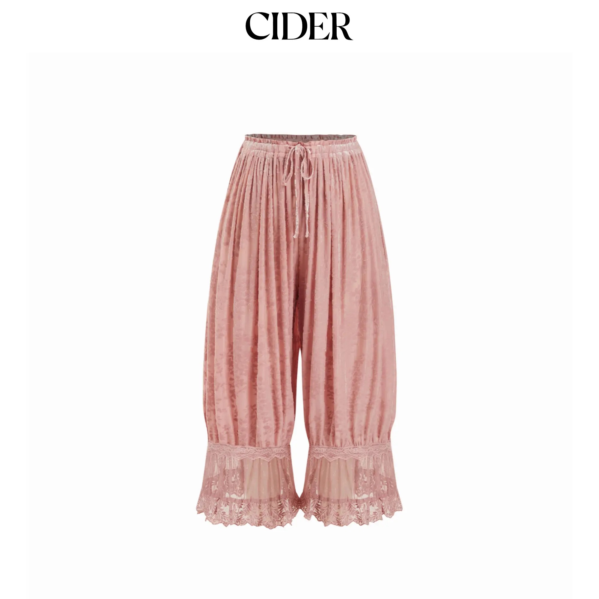 Cider Velvet Floral Lace Trim Drawstring Cropped Bloomer Pants