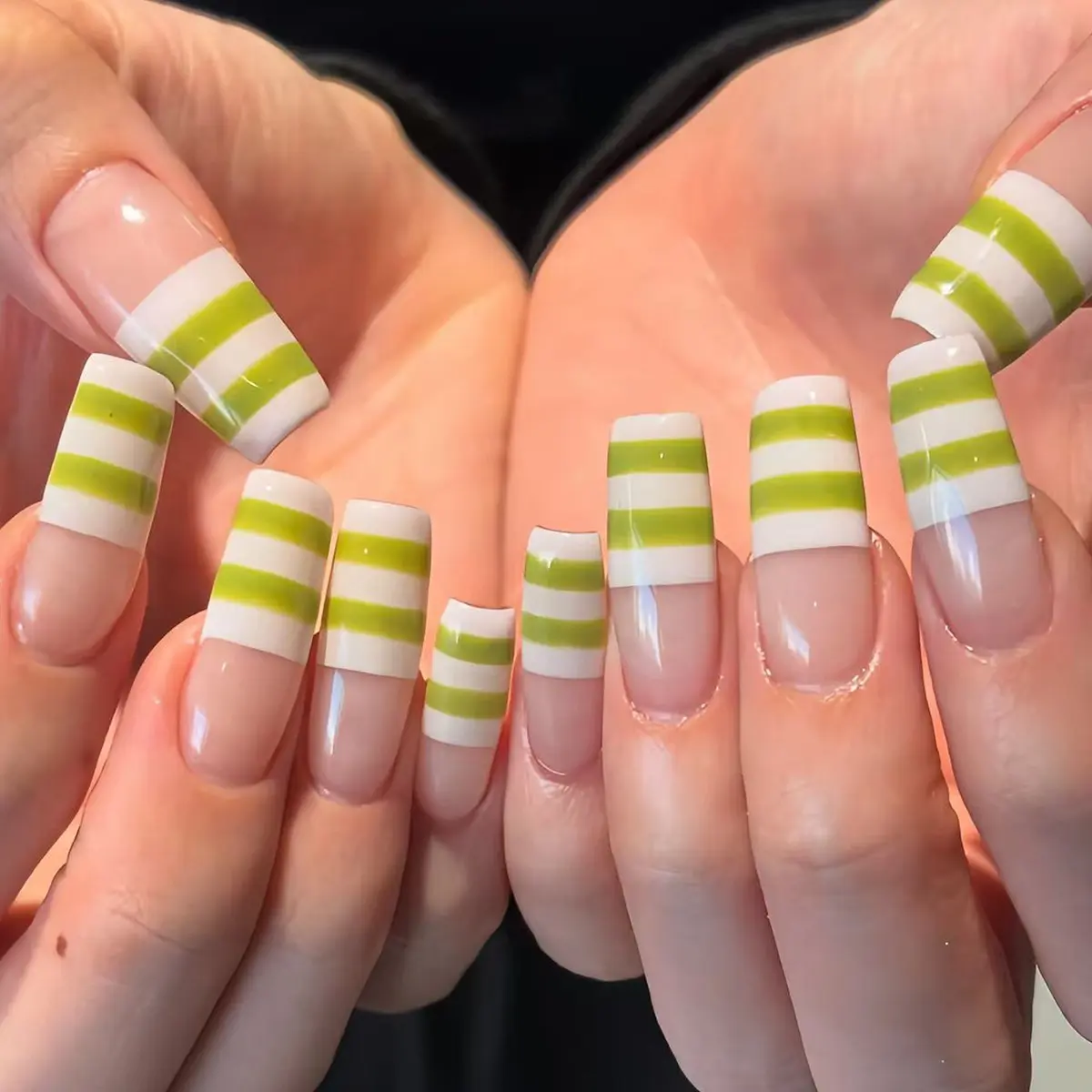 Summer Style Green and White Striped, French-Edged, Minimalist Acrylic Press-On Nails, Diy Fake Nails, Long, Square-Shaped, a Versatile Choice for Daily Wear and the Office. Easy to Match with Any Outfit. Includes 24pcs Fake Nails, 1 Sheet of Jelly Ad