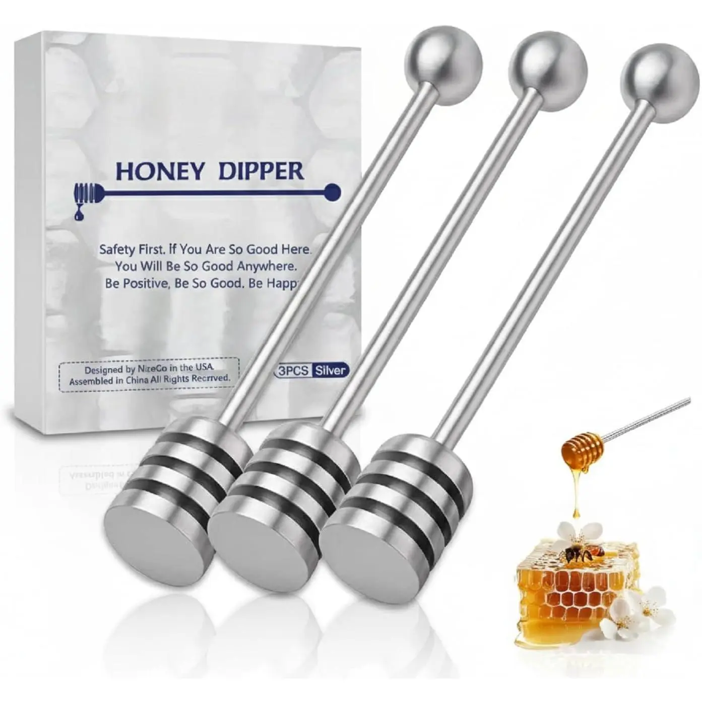 .  304 Stainless Steel  Set, 6.3 Inch Kitchen Stirrer, 3 Pack Deep-  Sticks for Syrup, Molasses, and Sauces, Dishwasher Safe. 3 count in  Box.