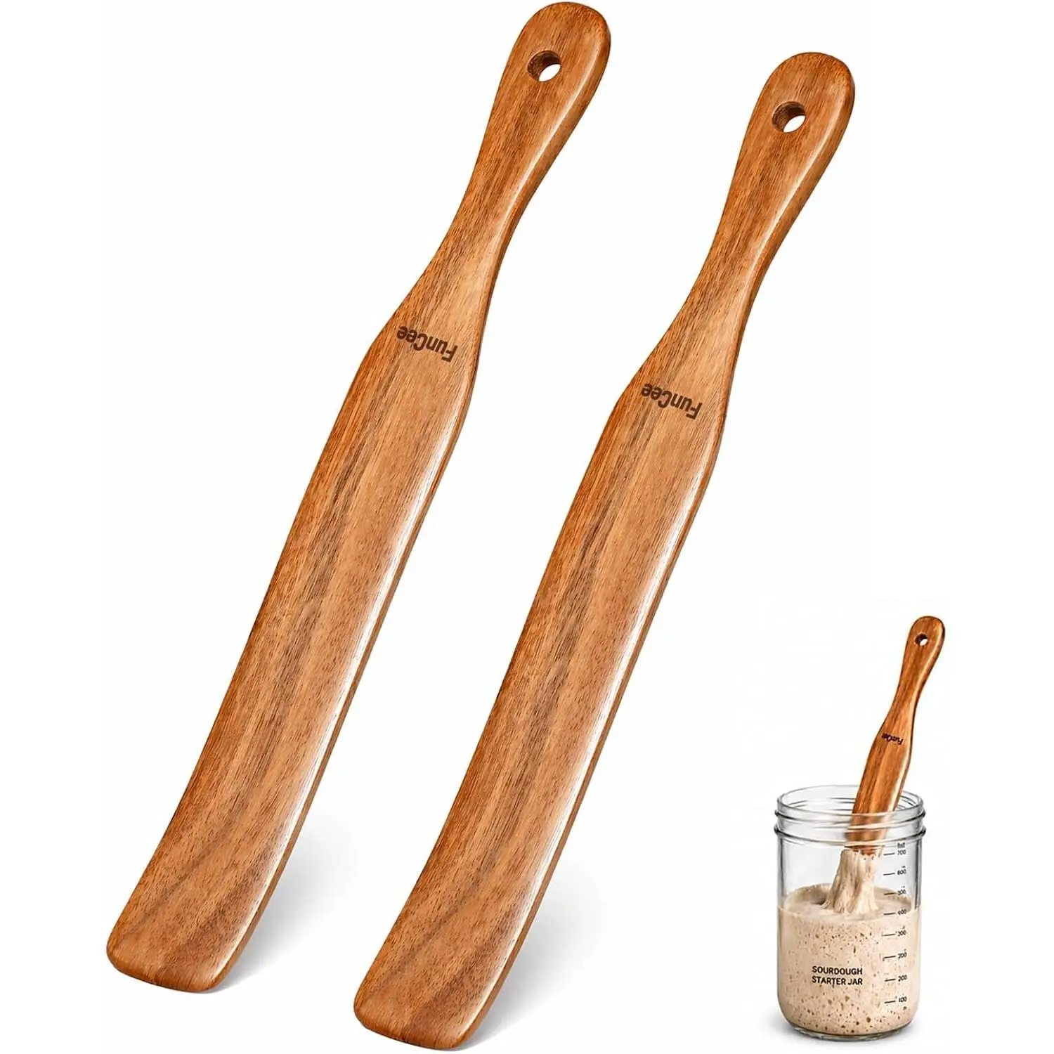 2 Pack Wooden Spurtle for Sourdough Starter, Mixing, Reaching Bottom of Jar, Dough Whisk, Long Handle Jar Spatula, Spurtles Kitchen Tools Teak Wood Kitchen Utensils kit for Baking, Cooking