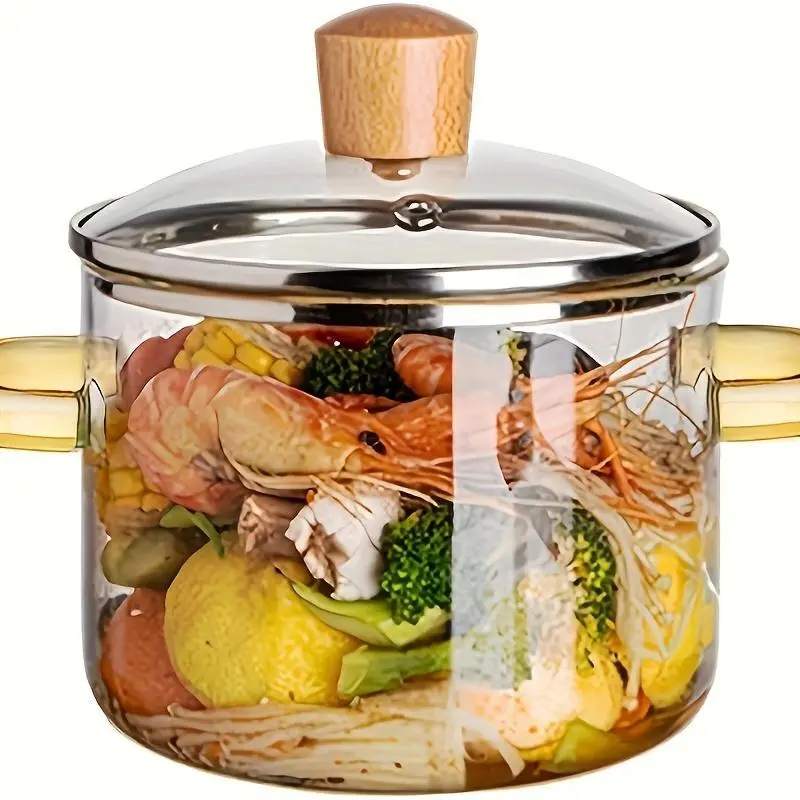 FASHION 54 Oz (1600ml) Boric Acid Glass Stockpot - Yellow Polyester-Lined Handle, Heatproof Transparent Floral-Accent Dumpling Kitchen Cookware, Stove & Oven Safe, Odorless Easy-To-Clean Single Pot for Home Use