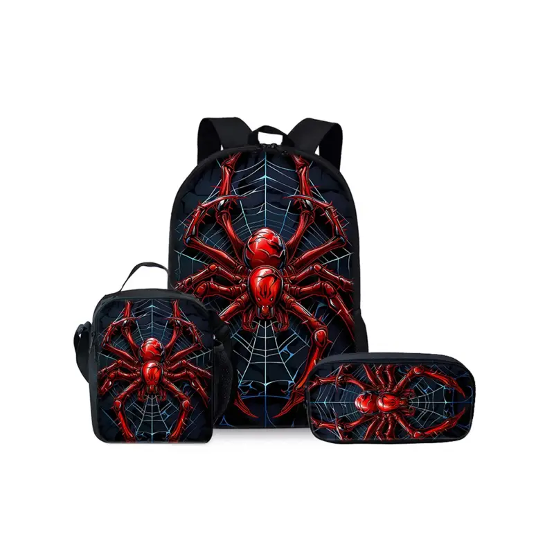 Red spider pattern printed 17-inch backpack three-piece set (single-layer backpack + shoulder strap lunch bag + single-layer pencil bag)