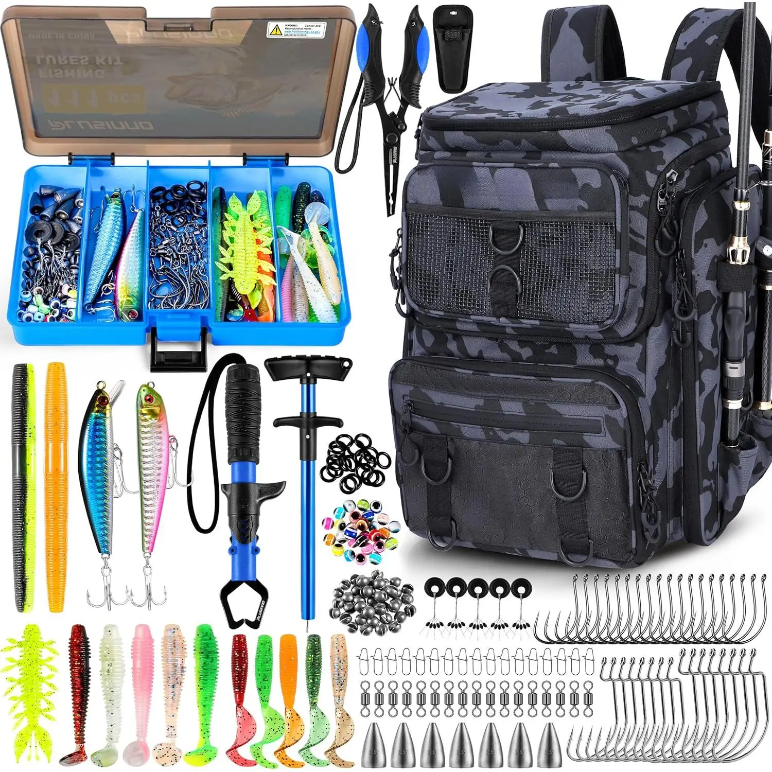 42L Waterproof Fishing Backpack with Tackle Boxes, Rod Holders, Lures, Tools, Pliers & Accessories - Camouflage Fishing Gear for Adults (Includes Rods, Ideal Fishing Gift for Men; Yes/No Selection Note), Backpack With Rod, No Warning Applicable