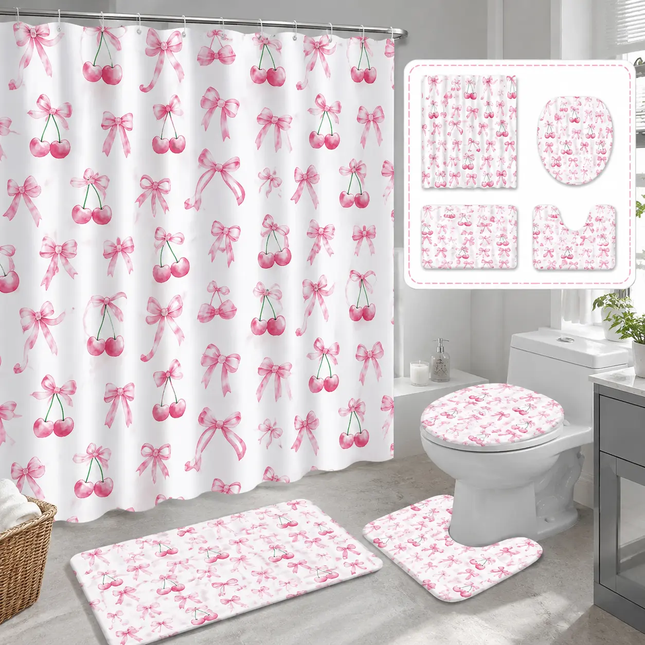 4 pcs Cherry and Bow pattern bathroom decoration set, Restroom Bathroom Accessories, festive design, non-slip floor mat, U-shaped rug, toilet seat cover, come with 12 shower curtain hooks, Shower Curtain Sets
