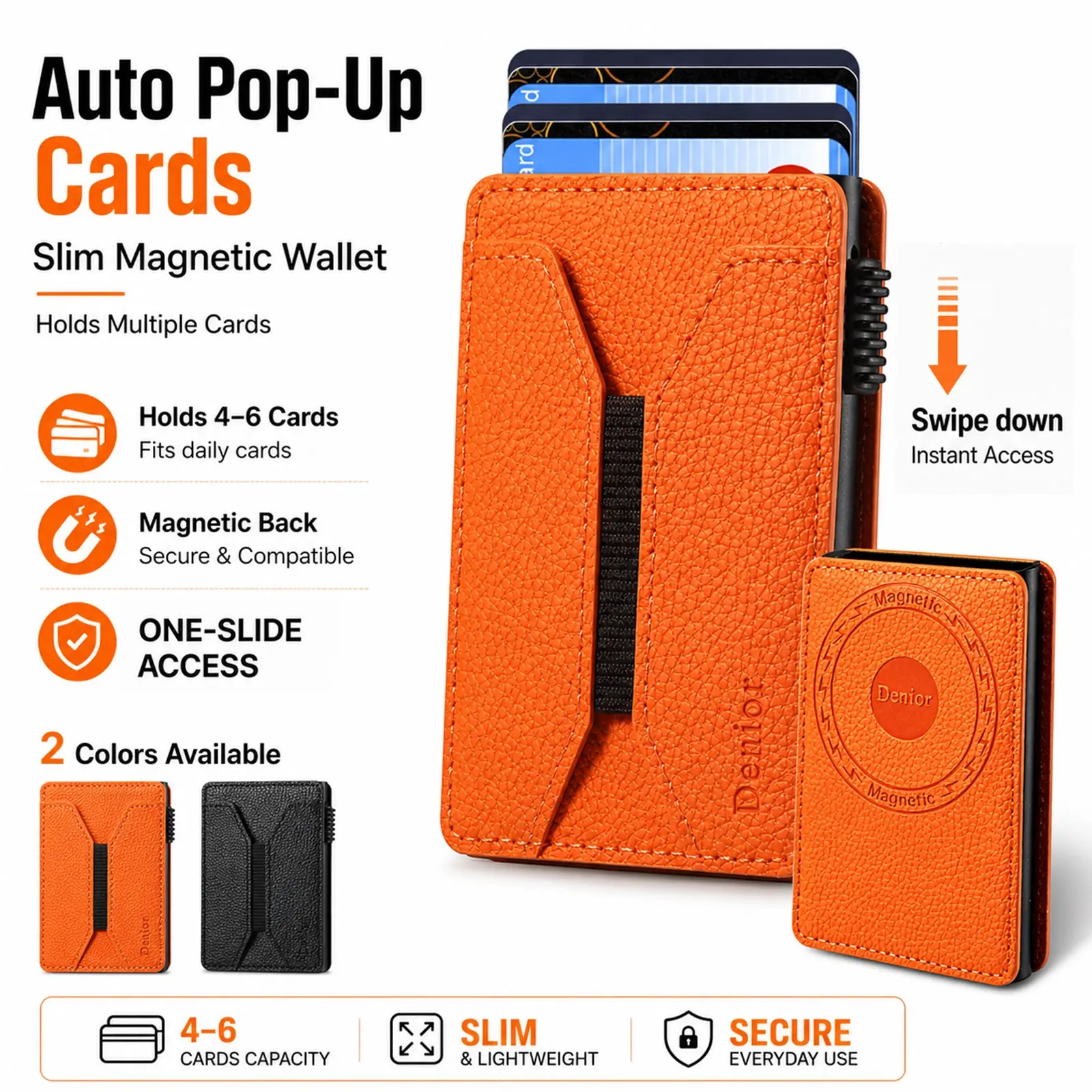 Denior Magnetic Auto Pop Up Card Wallet, Lychee Texture PU Faux Leather, Multi Card Capacity, Quick Access, Folded Cash Storage, Travel Friendly