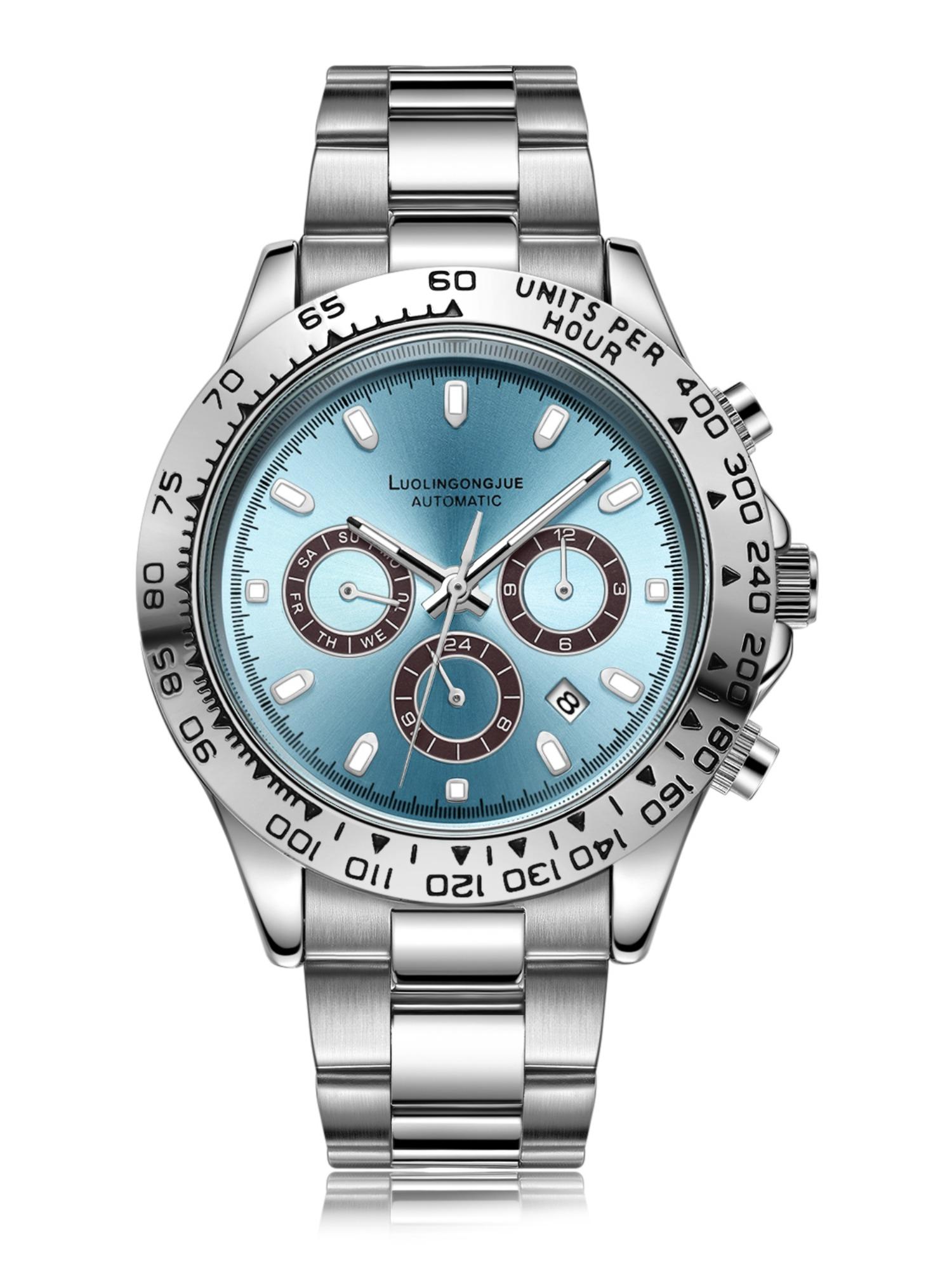 Multi-Function Chronograph Mechanical Watch for Men, Skeleton Stainless Steel Automatic Self-Winding Timepiece with Month, Date, Day, and 24-Hour Display – Luxury Gift for Business & Fashion