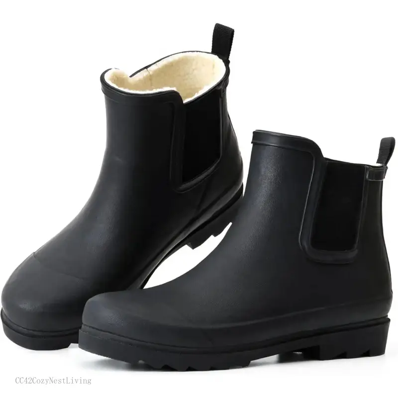 Women's Rain Boots with Plush Lining Chelsea Boots Women Snow Boots for Women Lightweight Rubber Boots Winter Ankle Rain Boots Non-slip Waterproof Outdoor Work Shoes, Fishing, GardeningCC42CozyNestLiving