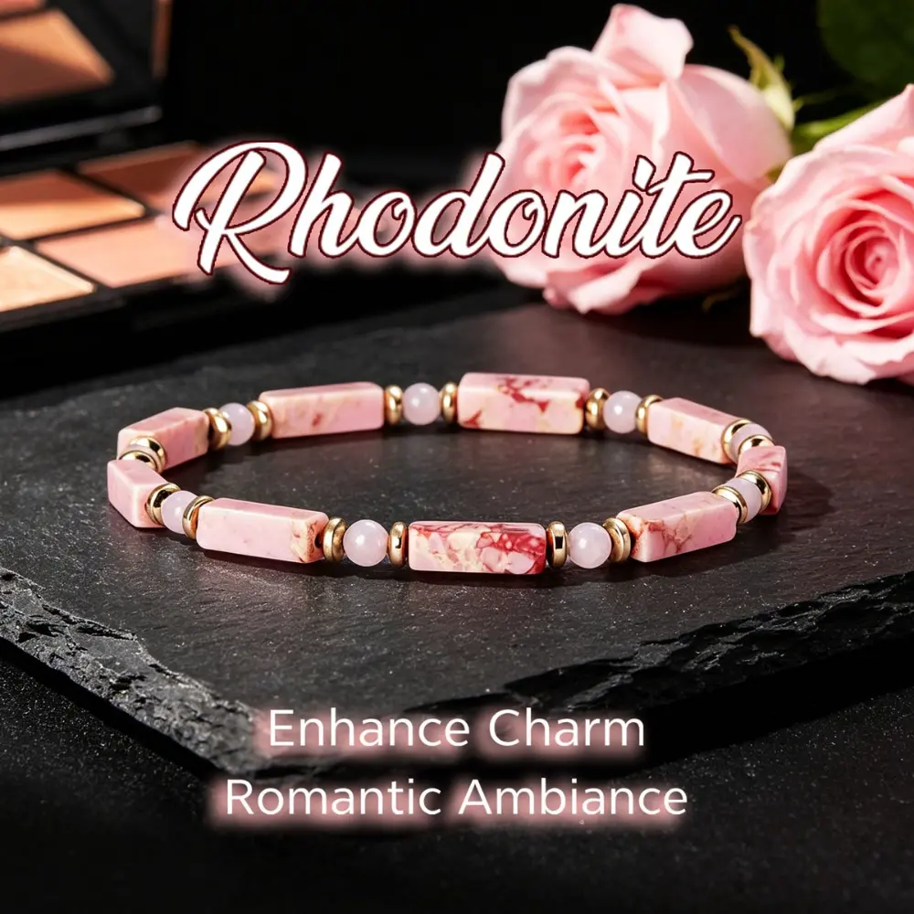 Rectangular Rhodonite & Rose Quartz Stretch Bracelet with Golden Spacers, Elegant Stackable Wrist Jewelry for Women, Daily Wear & Gift Accessory